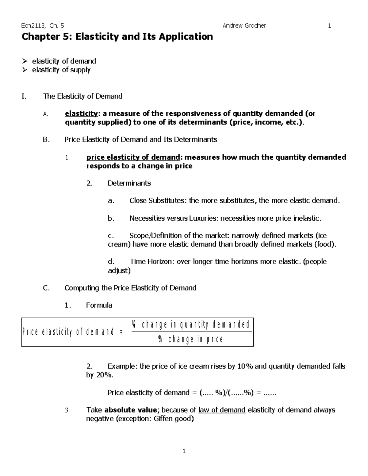 Econ2113 Ch05 - Professor Andrew Grodner - Chapter 5: Elasticity And ...