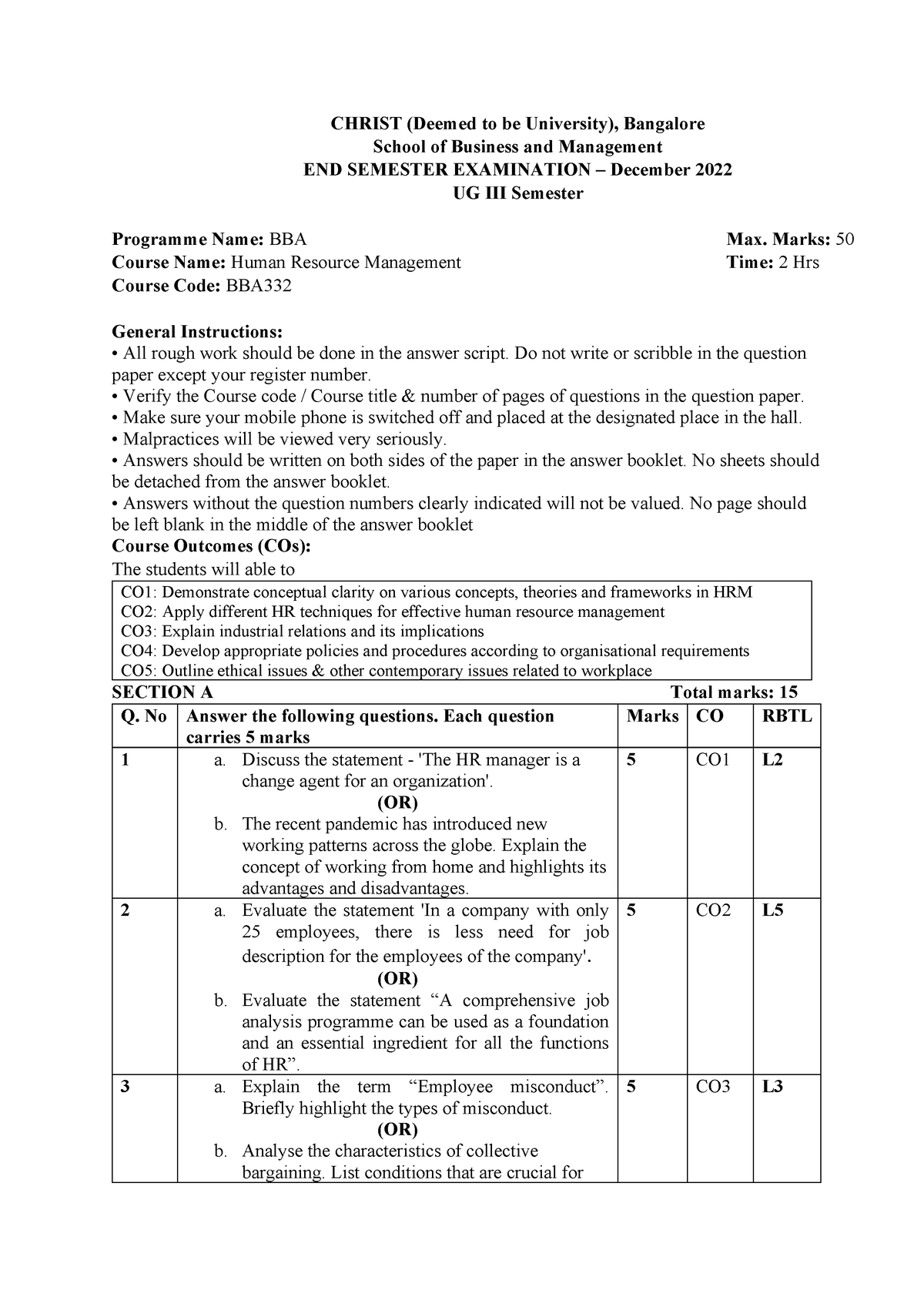 BBA332 - question paper - CHRIST (Deemed to be University), Bangalore ...