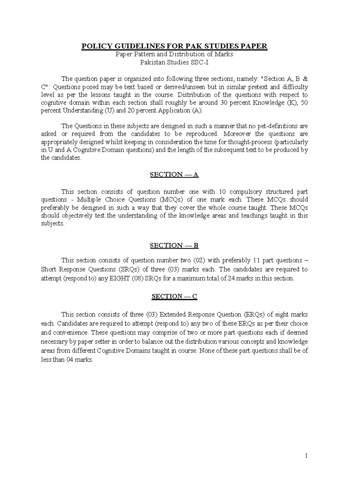 Fbise pakistan studies model paper class 9 - POLICY GUIDELINES FOR PAK ...