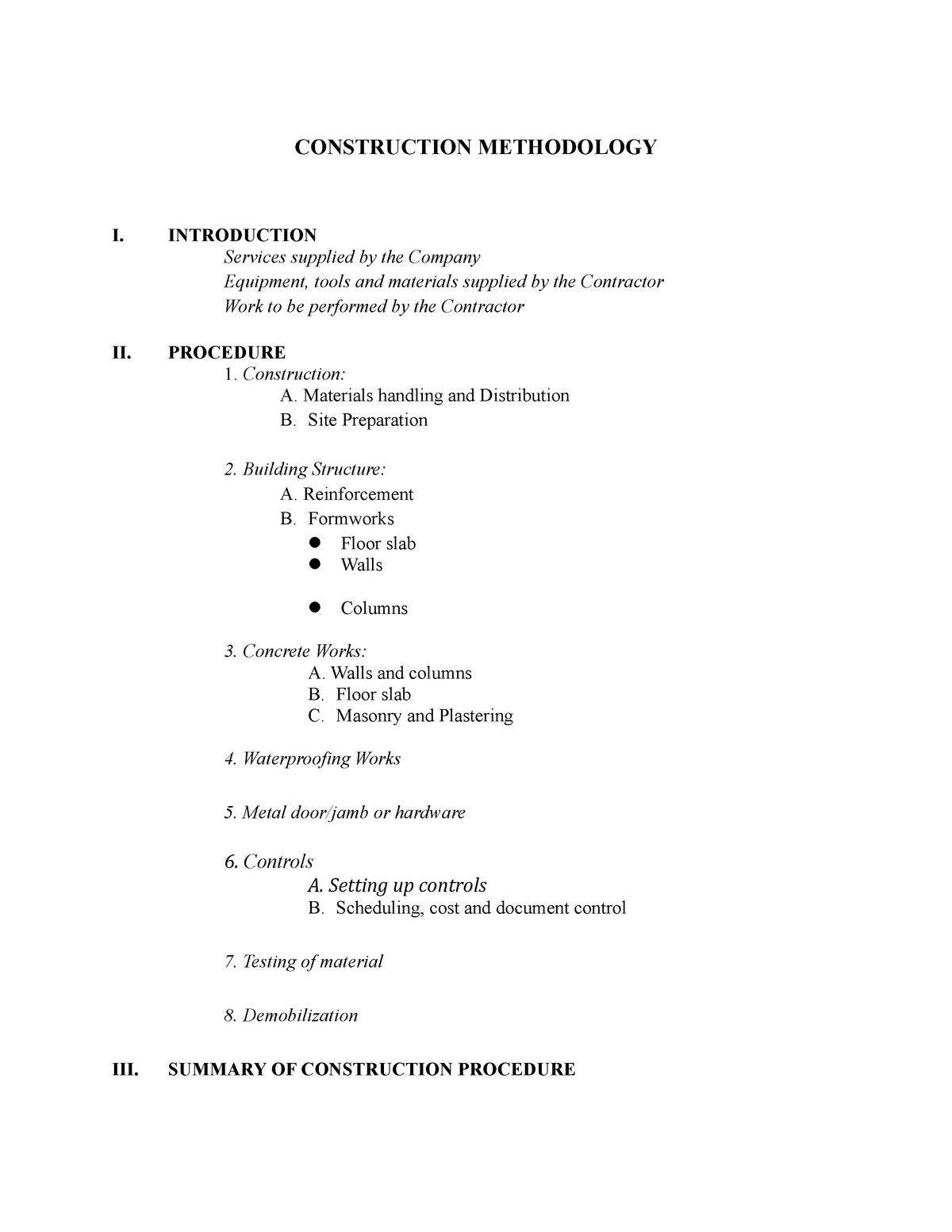 how to write construction methodology