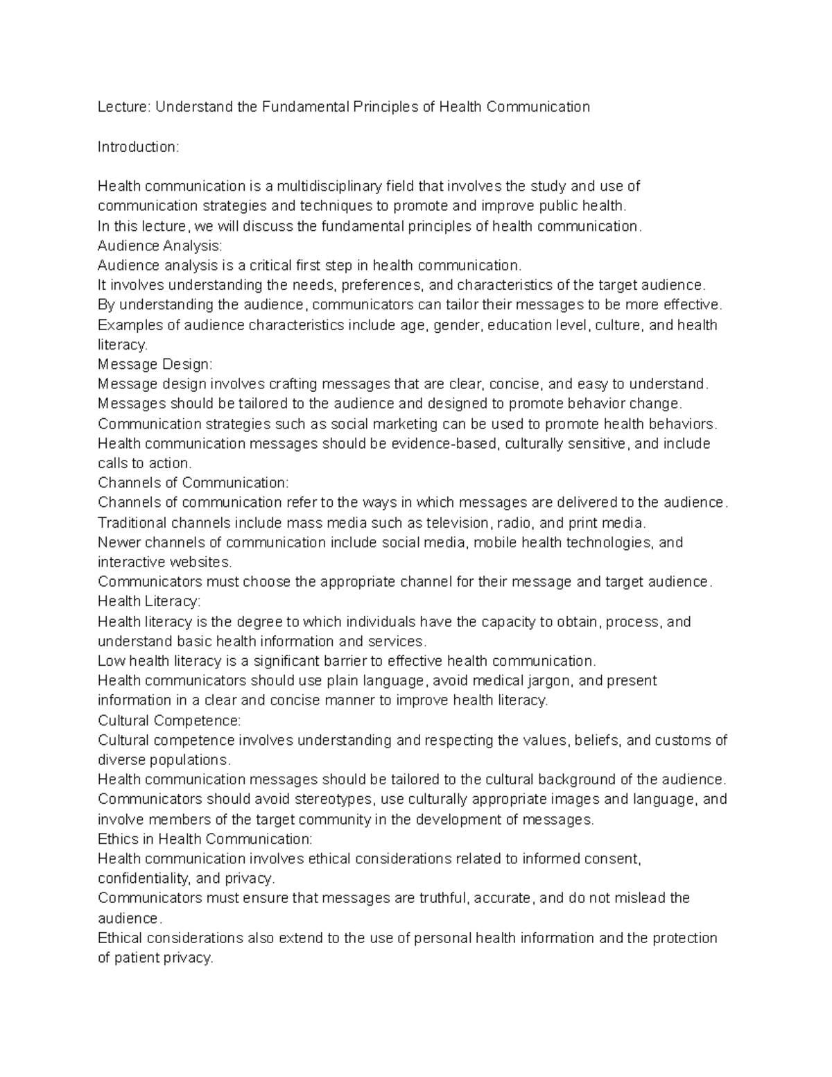 Health Communications (HLE2410) Lecture 42 Understand the