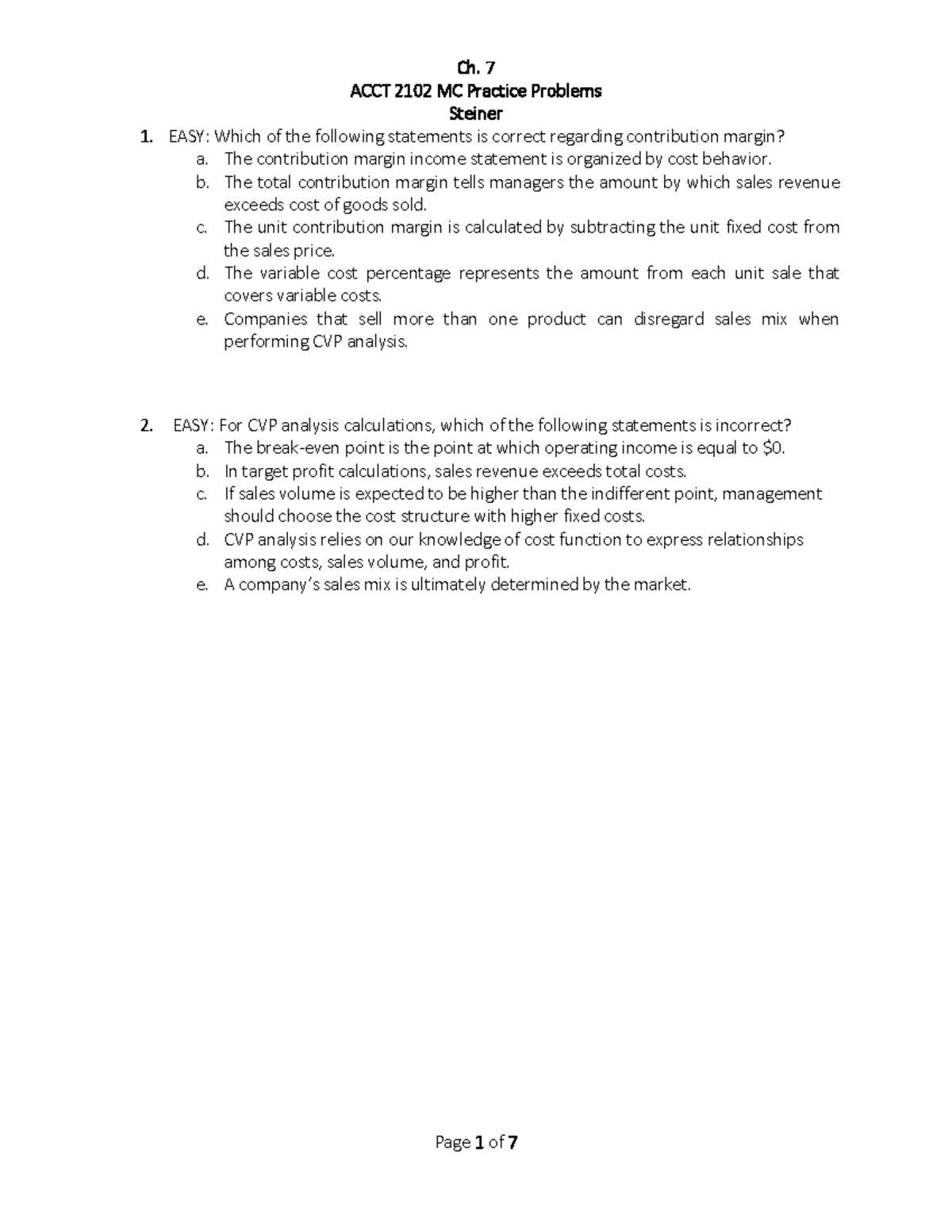 Ch. 7 MC Practice PDF - Notes - ACCT 2102 MC Practice Problems Steiner ...