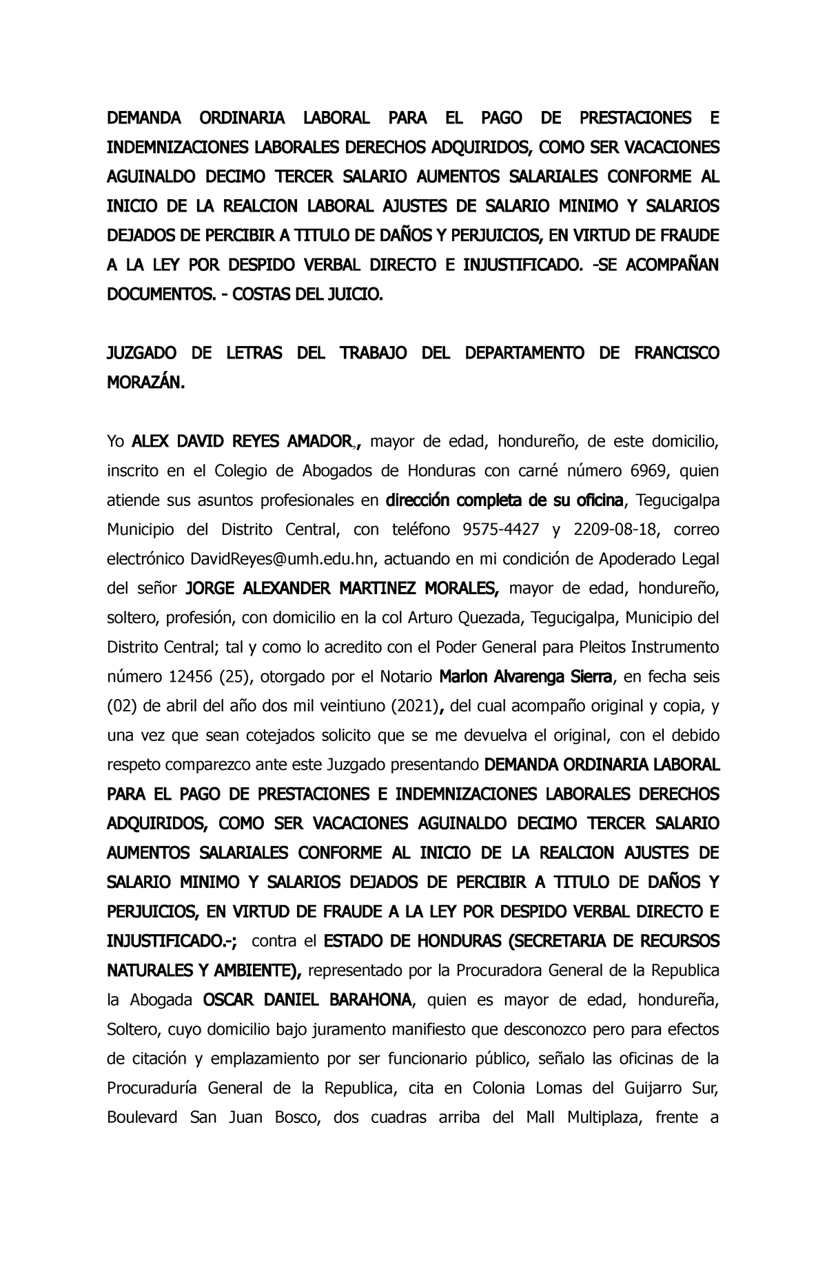 Formato de demanda y contestacion - DEMANDA ORDINARIA LABORAL PARA EL PAGO  DE PRESTACIONES E - Studocu