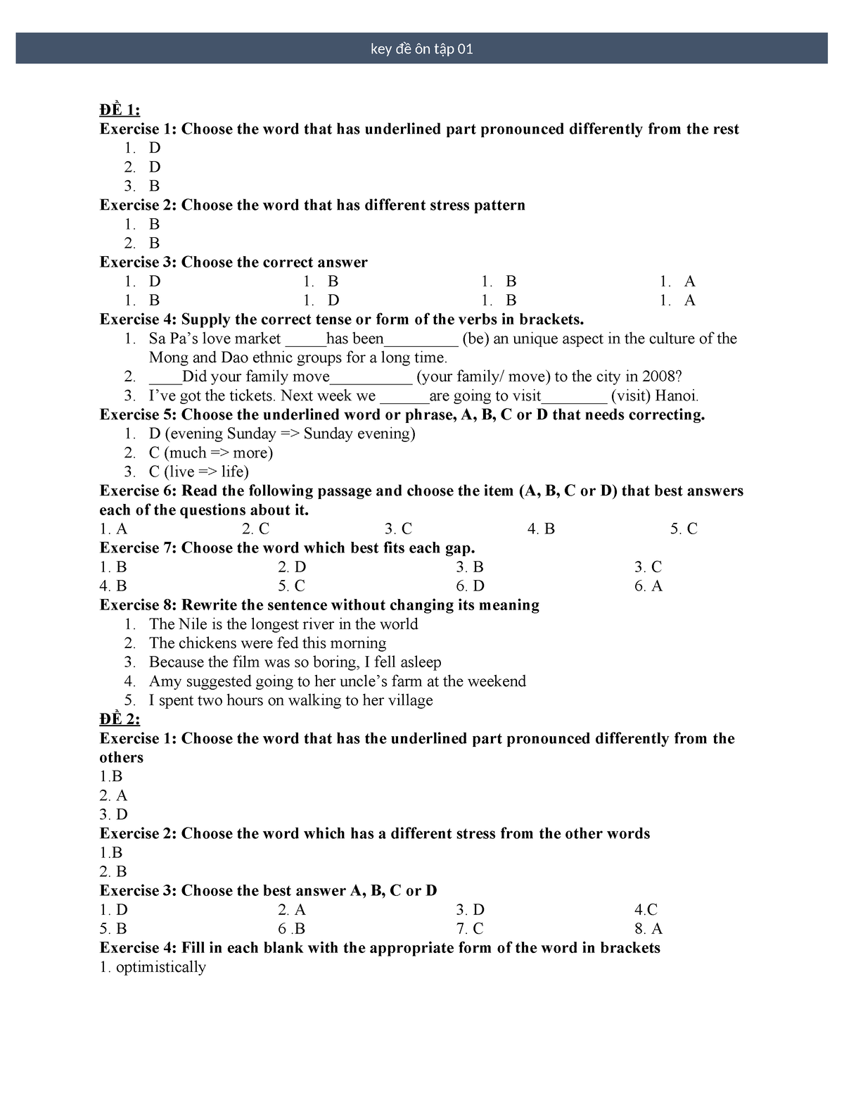 KEY ĐỀ ÔN TẬP 01 - Grammar - ĐỀ 1: Exercise 1: Choose The Word That Has ...