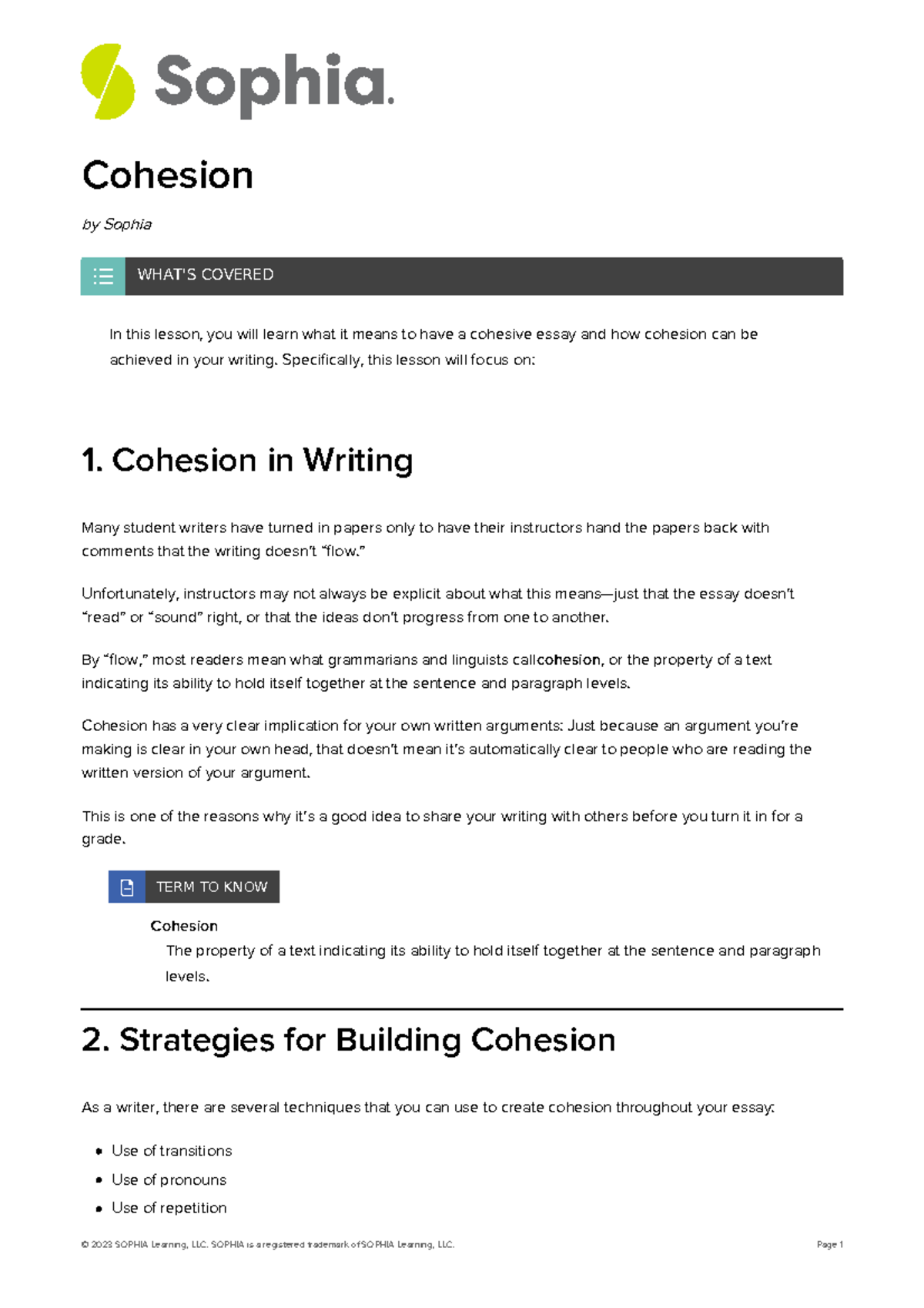 Cohesion notes Cohesion by Sophia In this lesson, you will learn