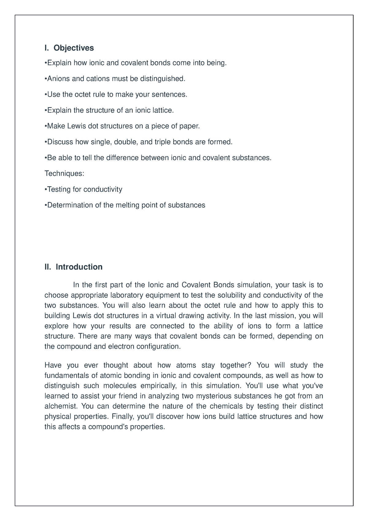 Group 4Lab Report Ionic and Covalent bonds - I. Objectives •Explain how ...