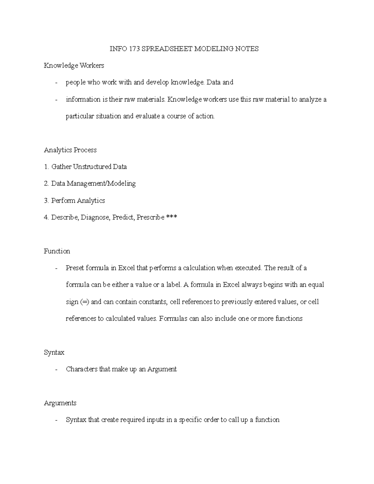 Info 173 spreadsheet modeling notes info 173 spreadsheet modeling