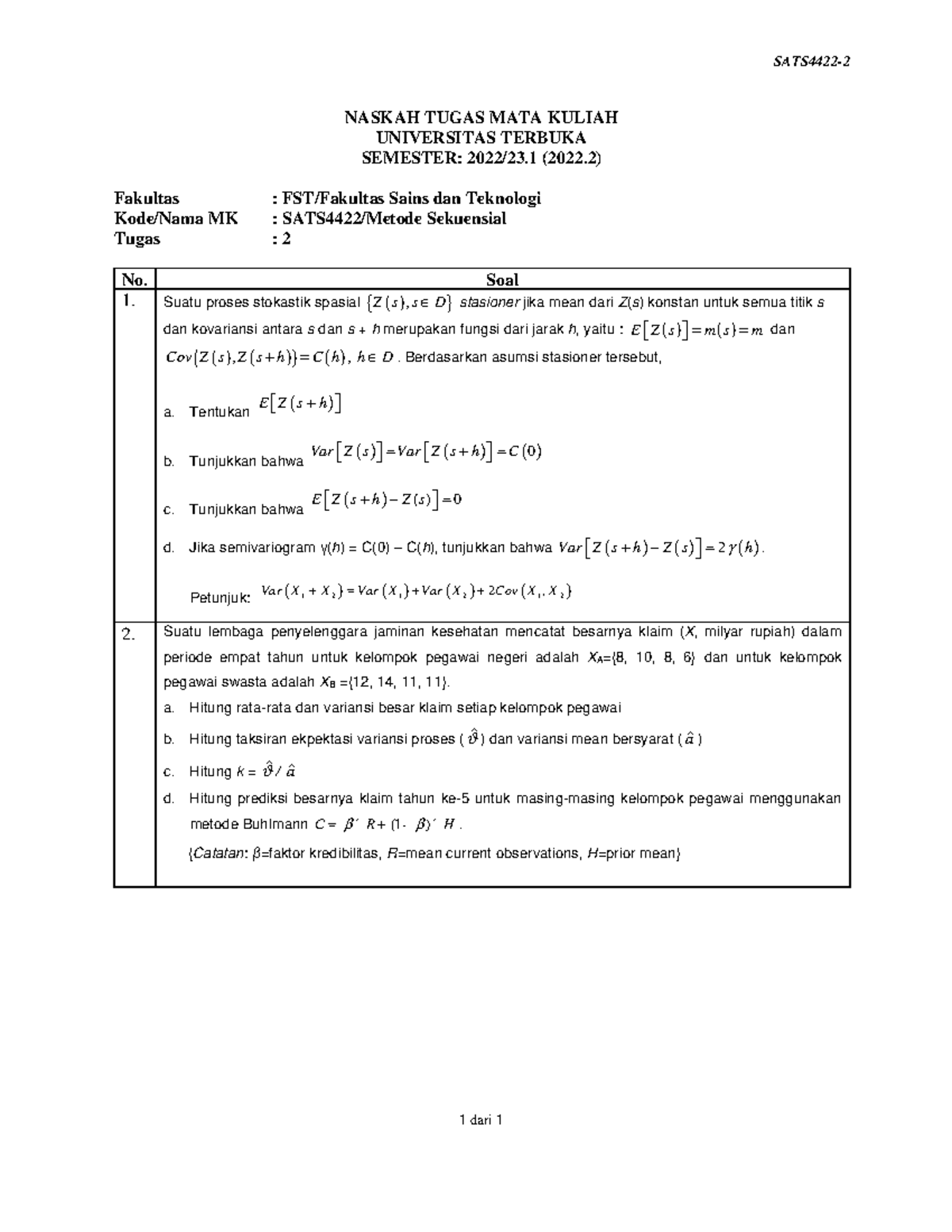 Soal Sats4422 Tmk2 2 - SATS4422- 1 Dari 1 NASKAH TUGAS MATA KULIAH ...