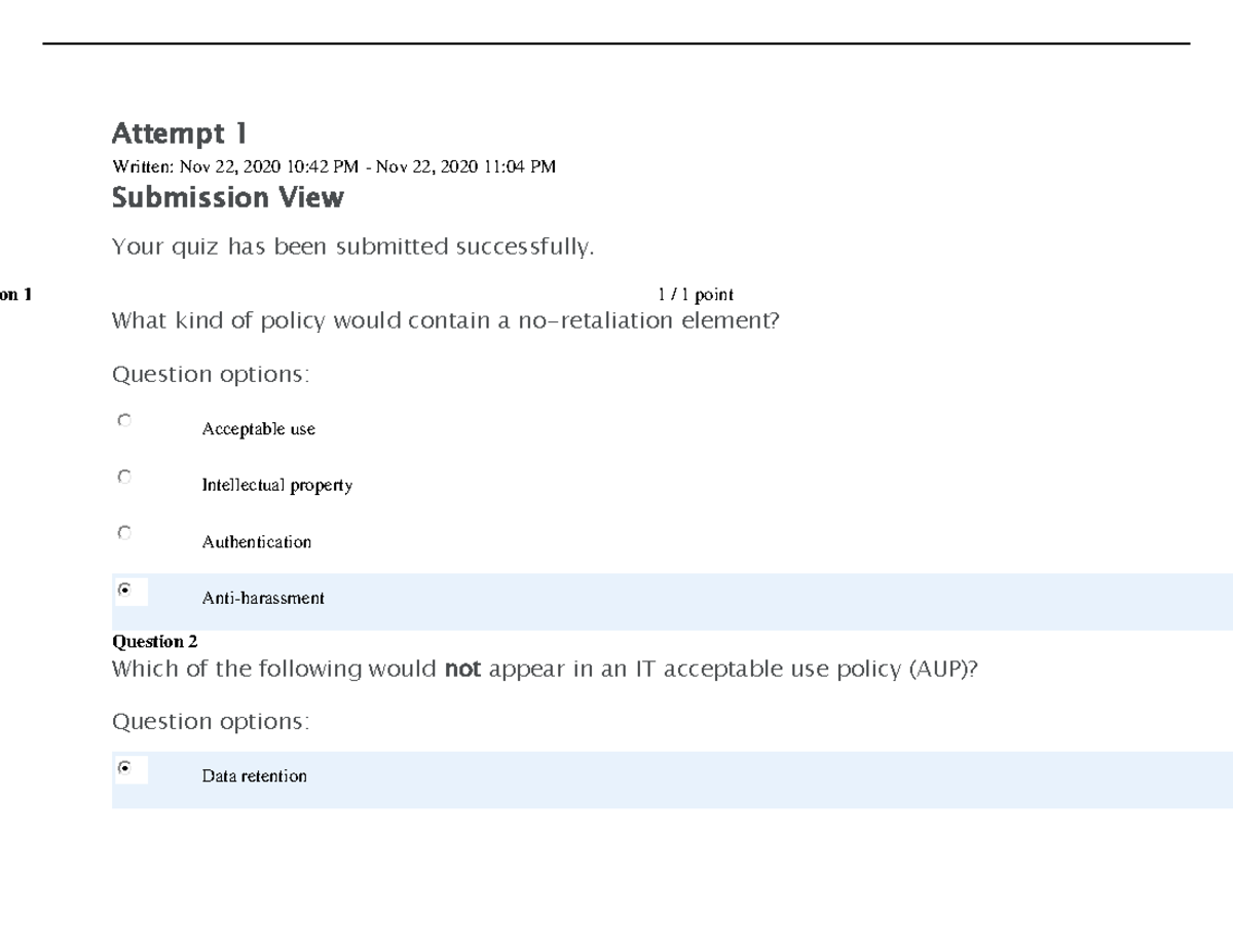 CYB 260 5 1 Reading Quiz Week 5 A Grade - Attempt 1 Written: Nov 22 ...