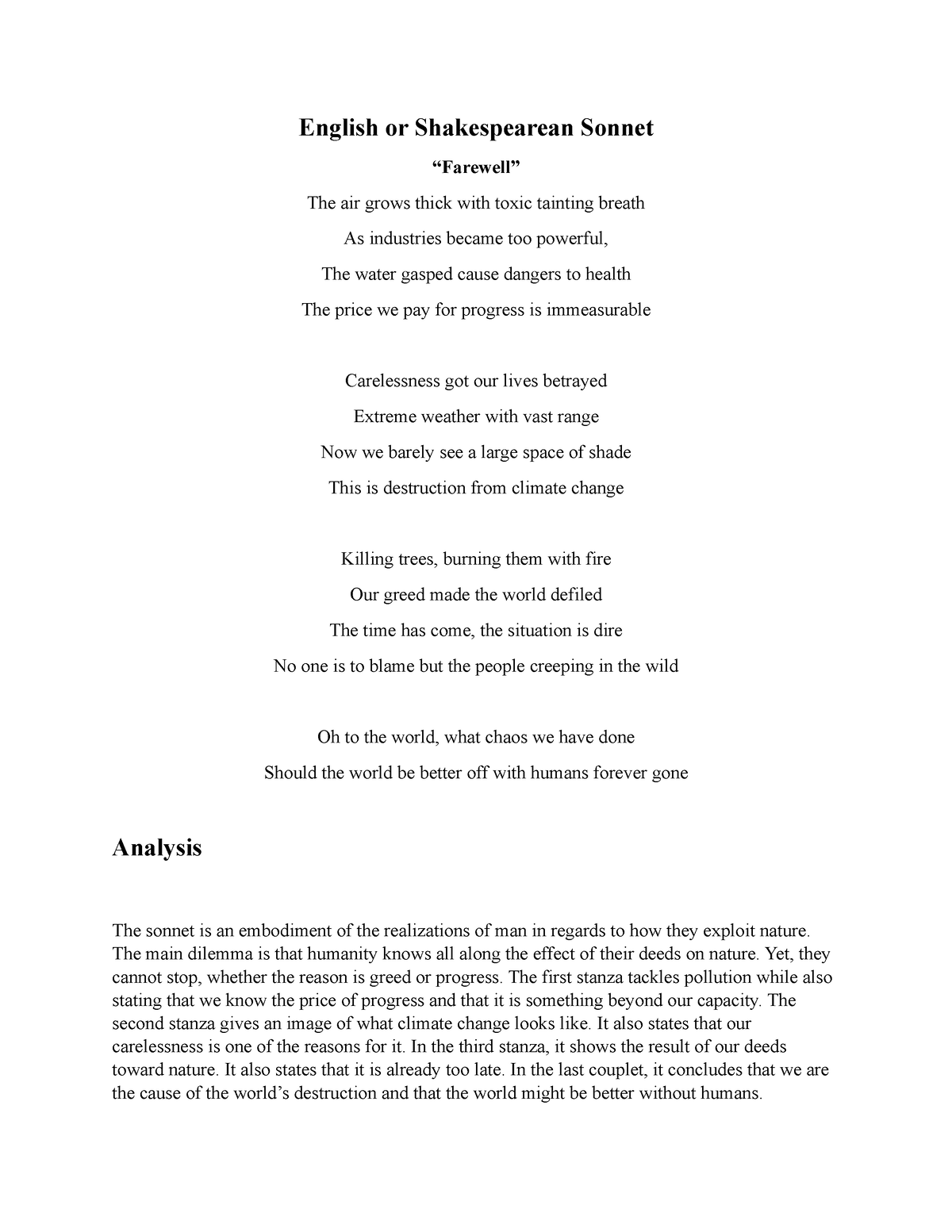 Shakespearean-Sonnet - English or Shakespearean Sonnet “Farewell” The ...