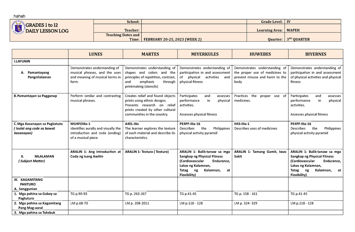 DLL Mapeh 4 Q3 W2 - AP DLp - Hahah GRADES 1 To 12 DAILY LESSON LOG ...