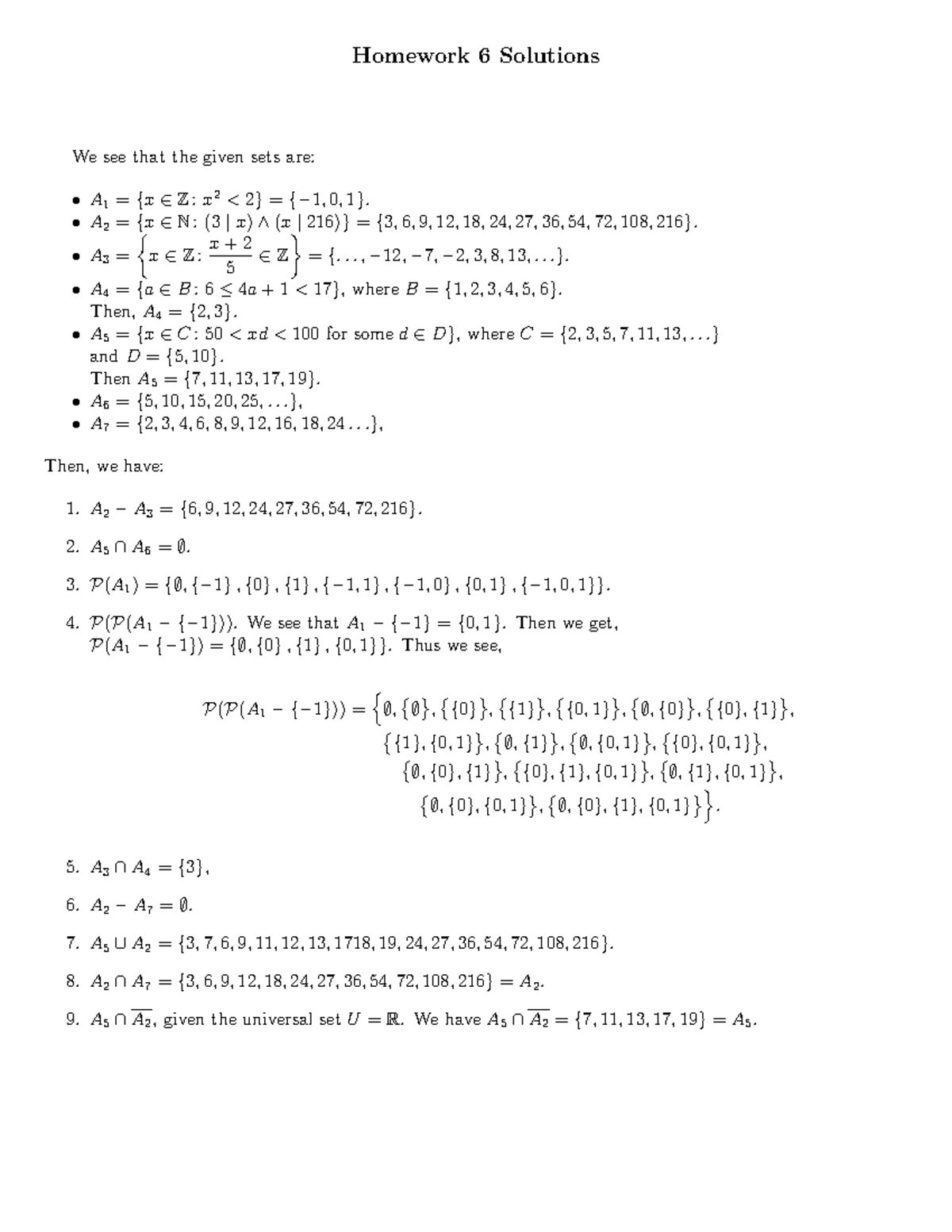 Solution 6 - Sol6 - Homework 6 Solutions We See That The Given Sets Are ...