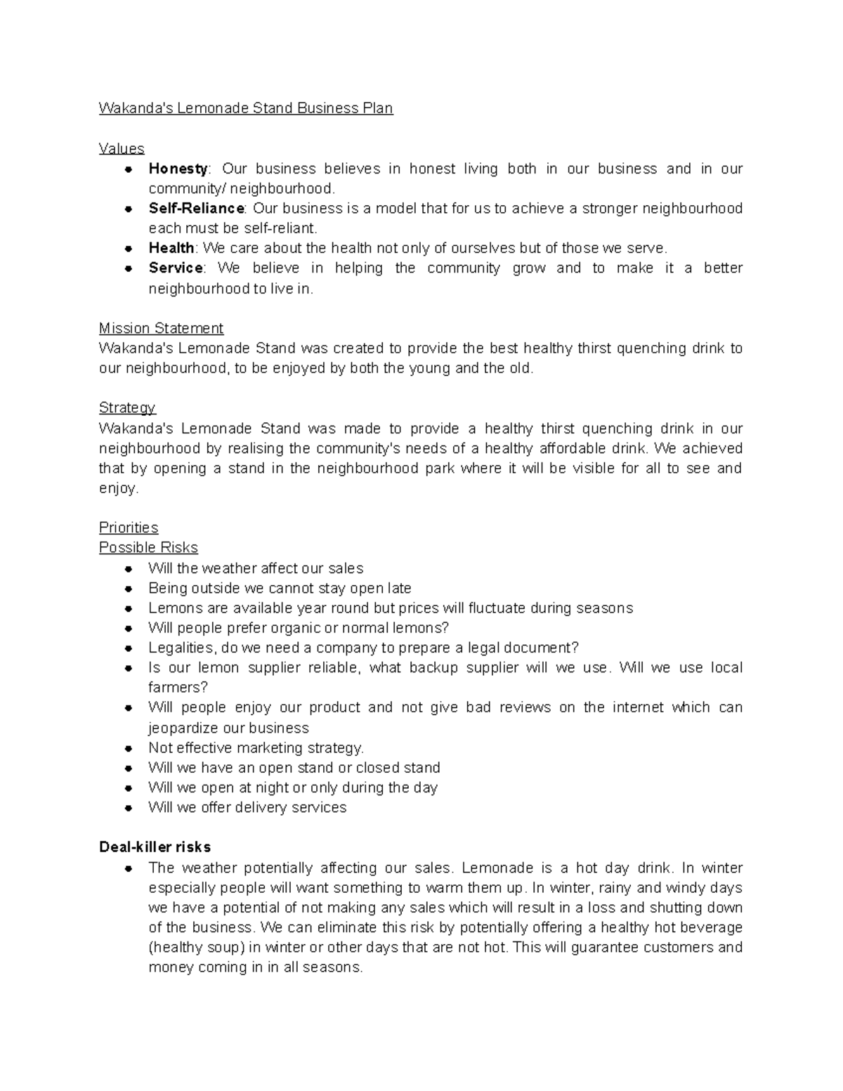 Wakanda's Lemonade Stand Full Business Plan (1) 1444459739 Wakanda's