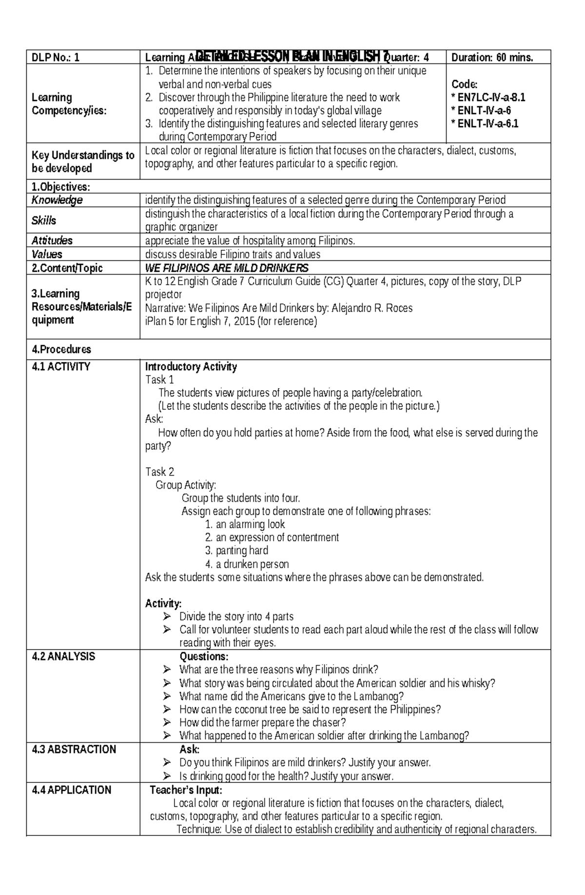 DLP1 - Daily lesson for English grade 7 - DLP No.: 1 Learning Area ...