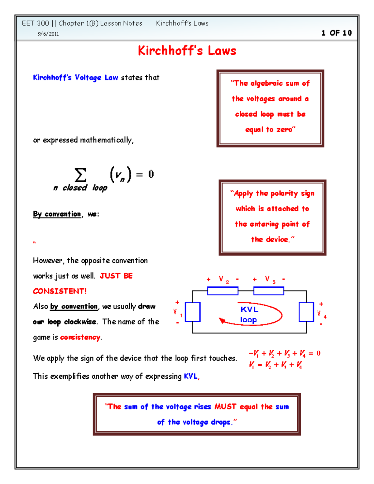 Kirchhoff s Laws - Lecture notes 1 EET 300 Chapter Lesson Notes Laws OF ...