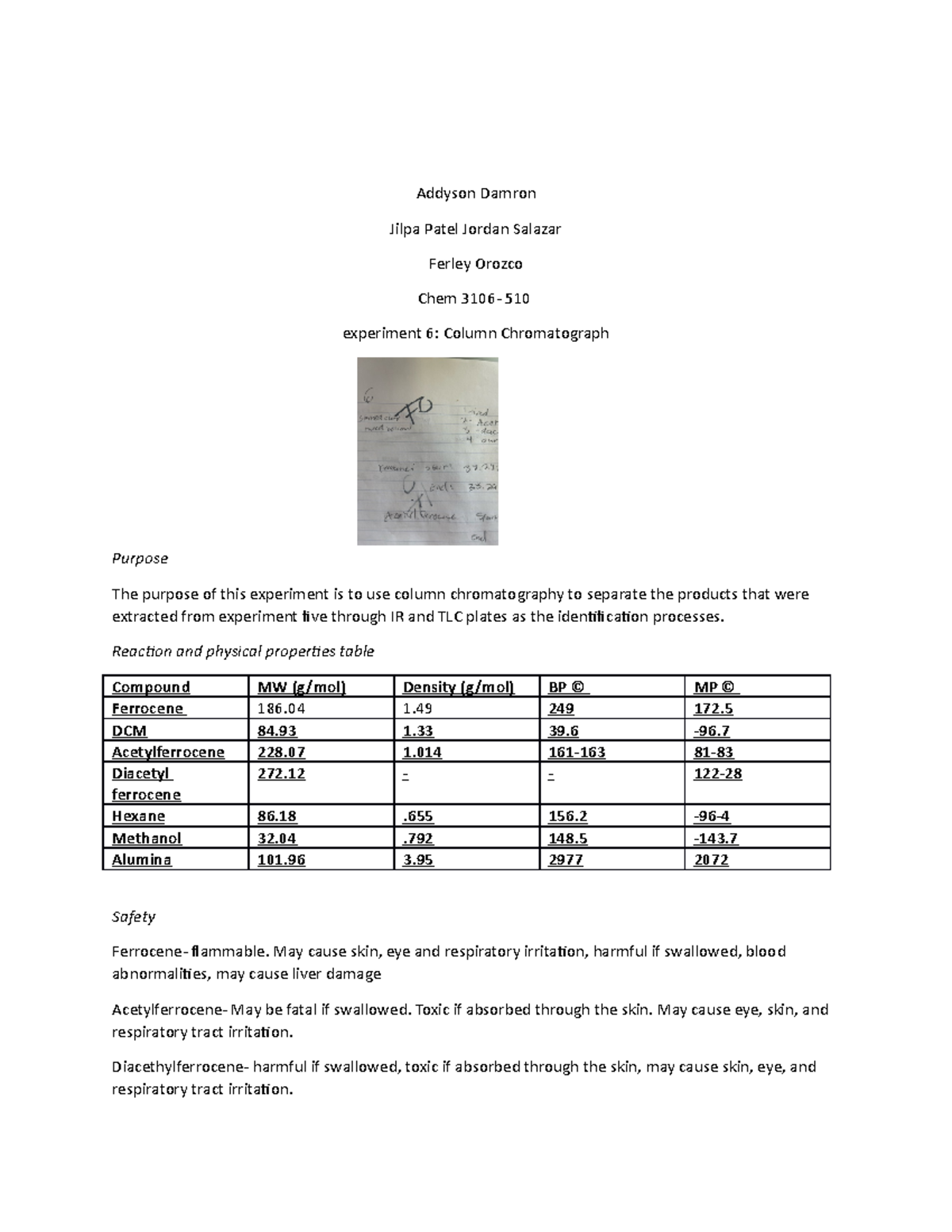 Ochem 2 Lab 6 - Lab Report - Addyson Damron Jilpa Patel Jordan Salazar ...