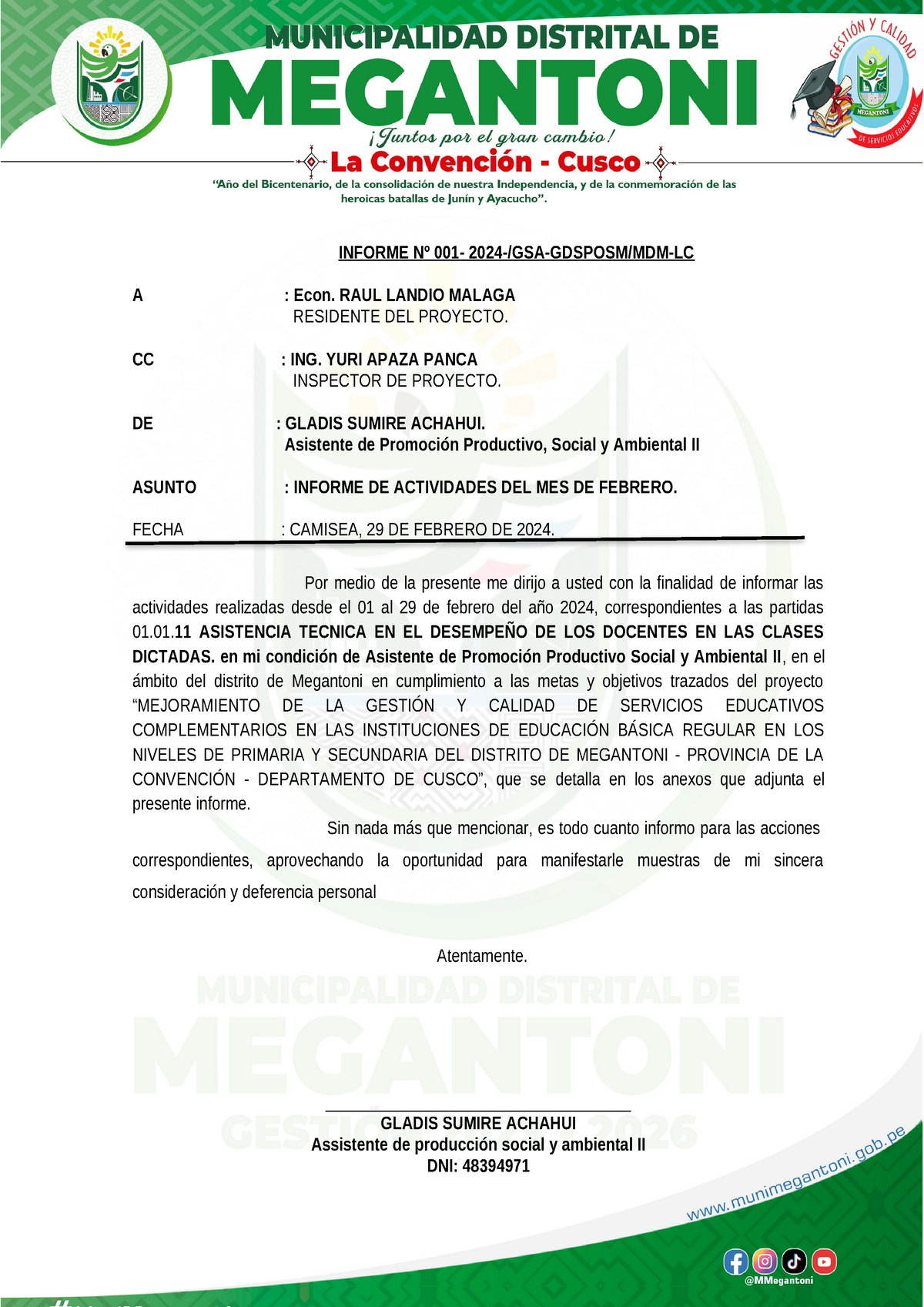 Informe MES DE Febrero Gladis) INFORME Nº 001 2024/GSAGDSPOSM/MDM