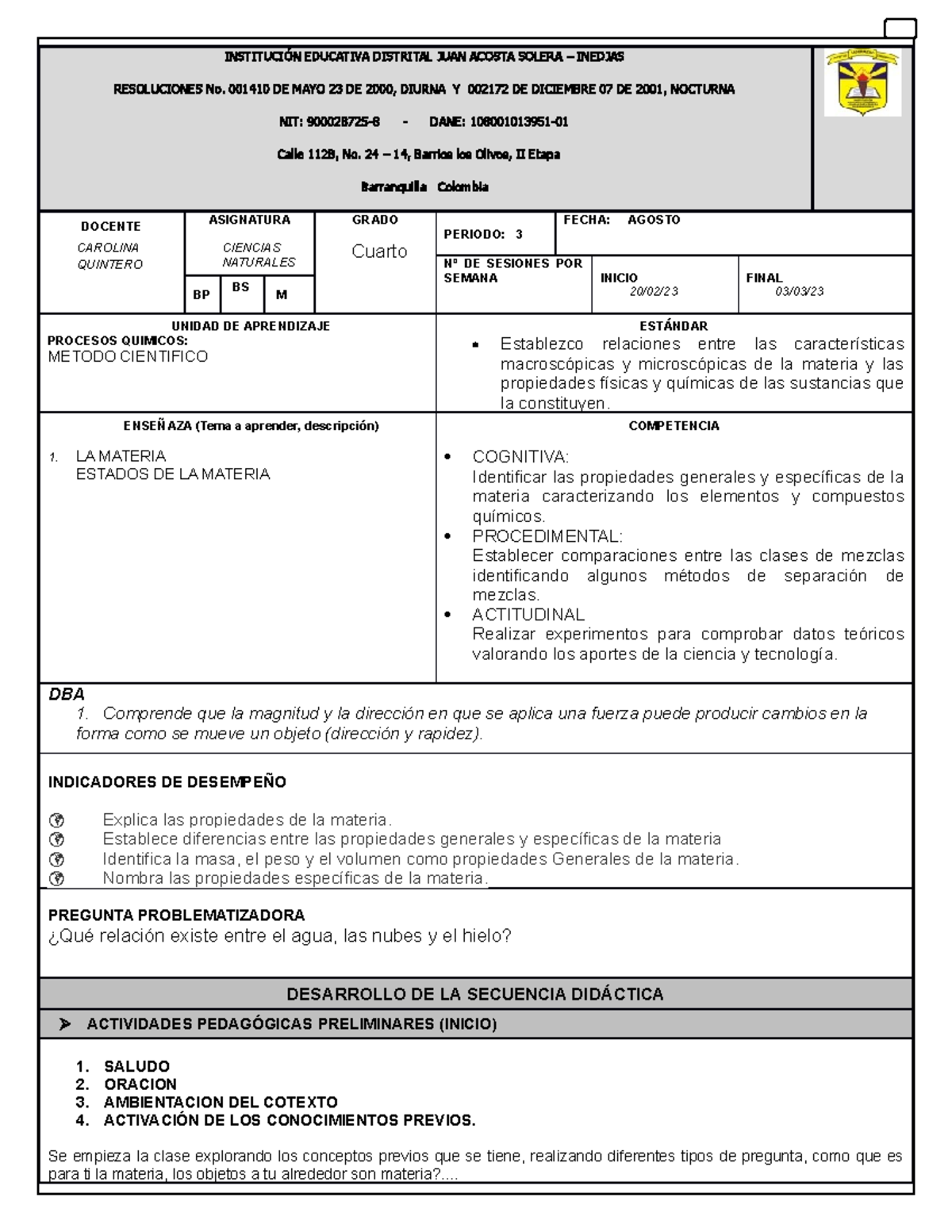 PLAN DE Clase 2 Materia, Estados De La Materia - PLANEADOR DE CLASES ...