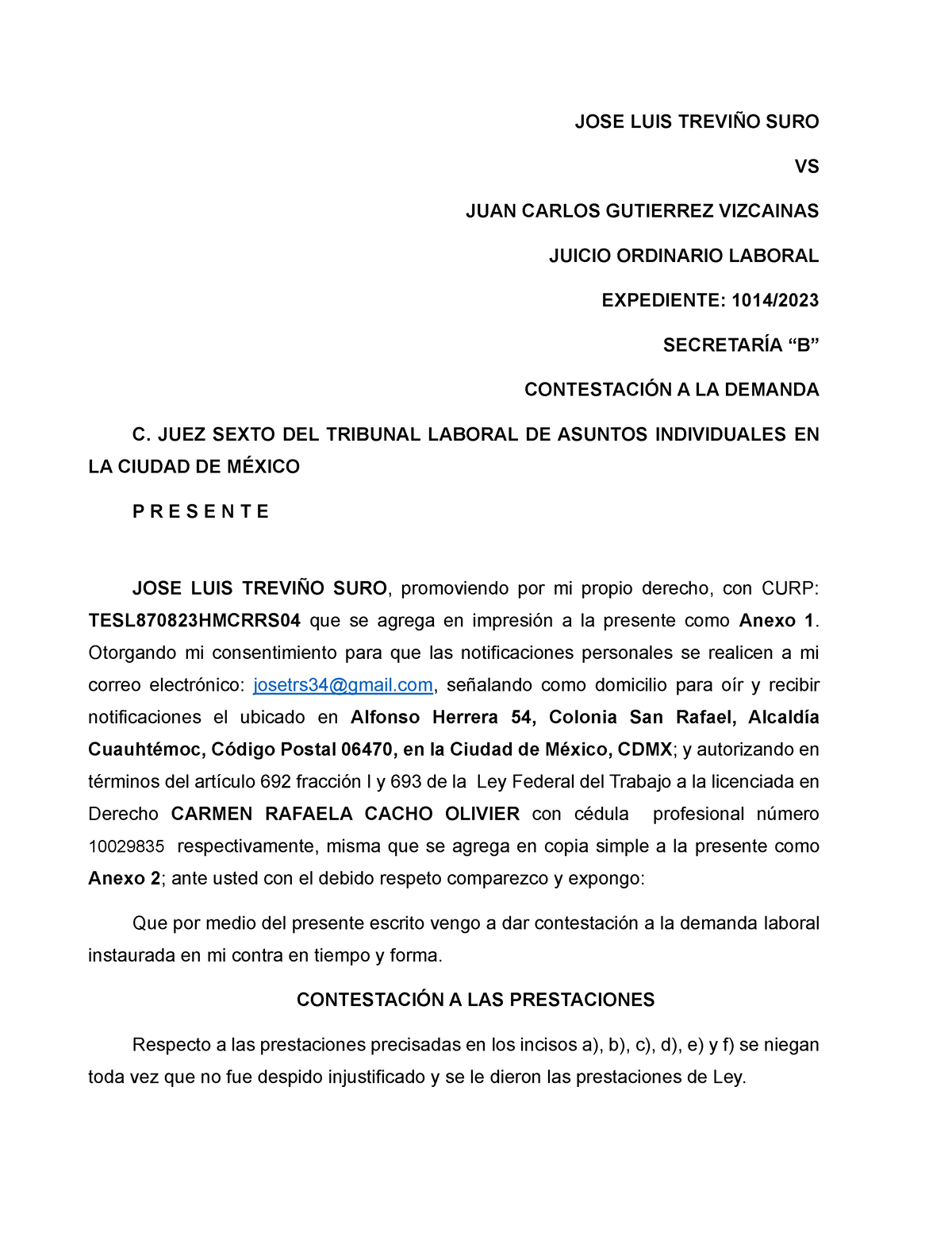 Contestación A LA Demanda Laboral Carmen - JOSE LUIS TREVIÑO SURO VS ...