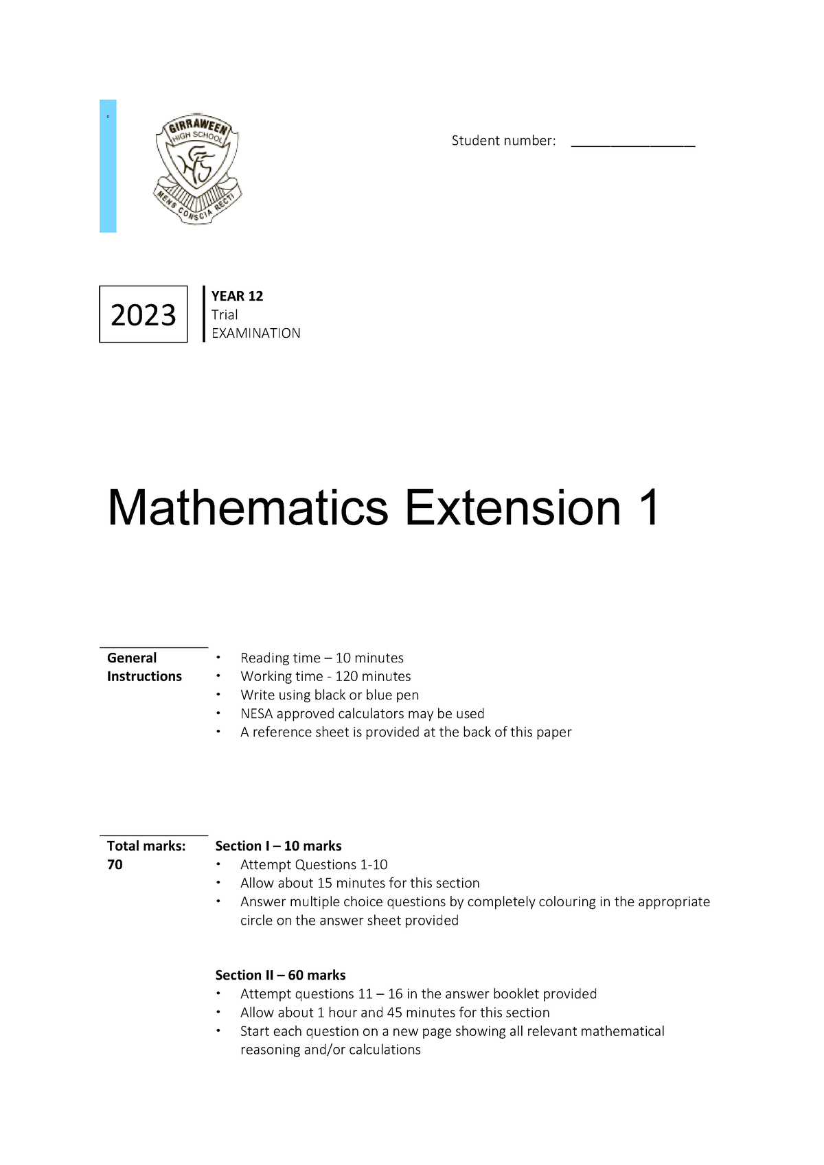 2023 Girraween High School - X1 - Trial - Questions - Student number