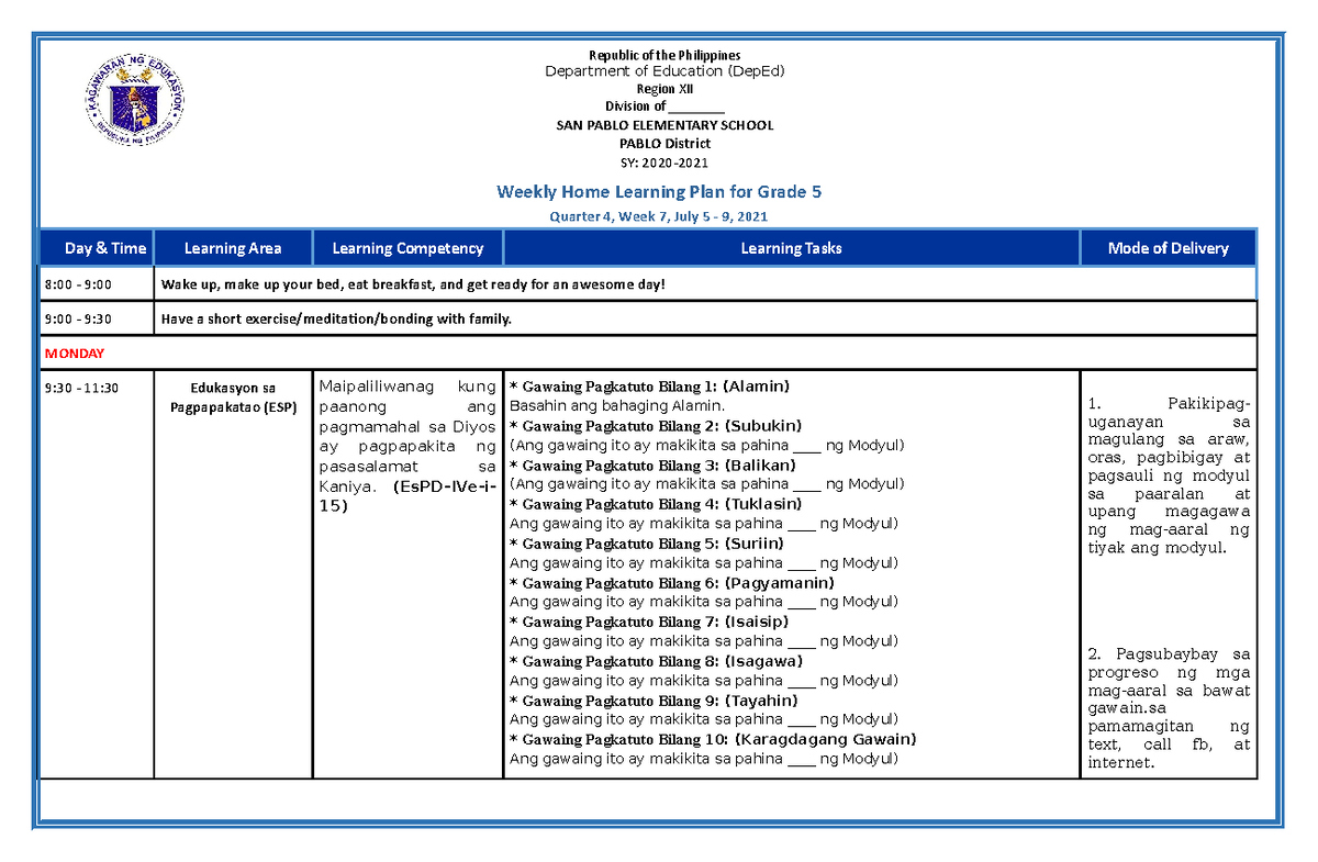 WHLP Grade 5 Q4 W7 - Quality assurance - Weekly Home Learning Plan for ...