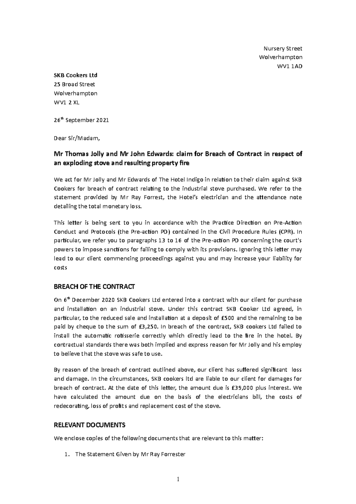 Letter of claim activity for SGS - Nursery Street Wolverhampton WV1 1AD ...