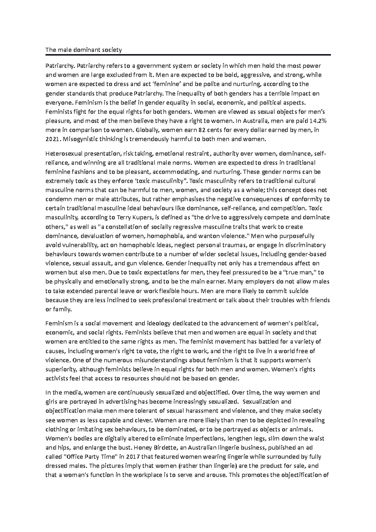 Being a female in male dominant society - The male dominant society ...