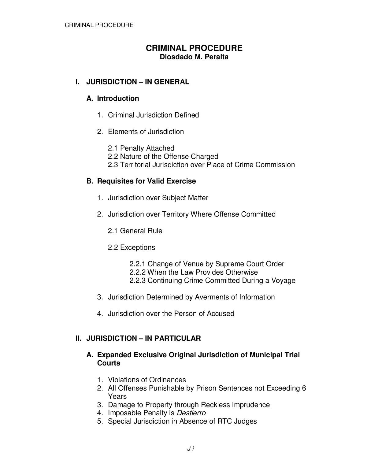 BB Criminal Procedure Outline - J-i CRIMINAL PROCEDURE Diosdado M ...