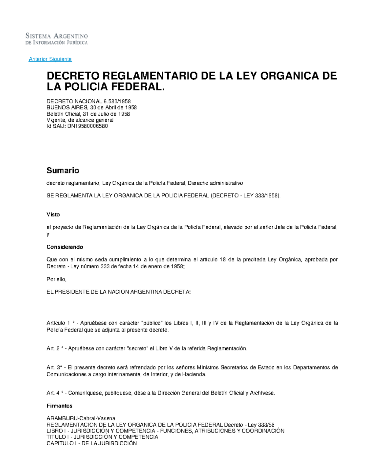 Decreto Reglamentario DE LA LEY Organica DE LA Policia Federal ...