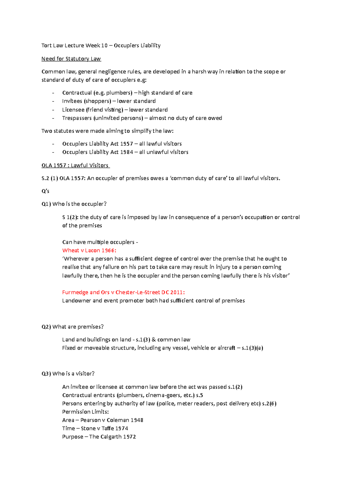 Tort Law Lecture Week 10 - plumbers) – high standard of care Invitees ...
