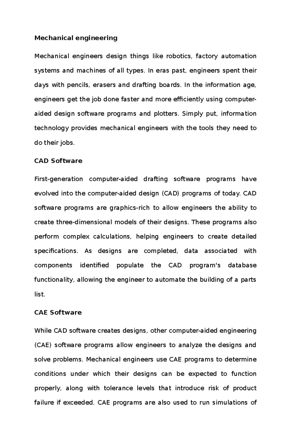 How are computers related with mechanical engineering and business work Mechanical engineering