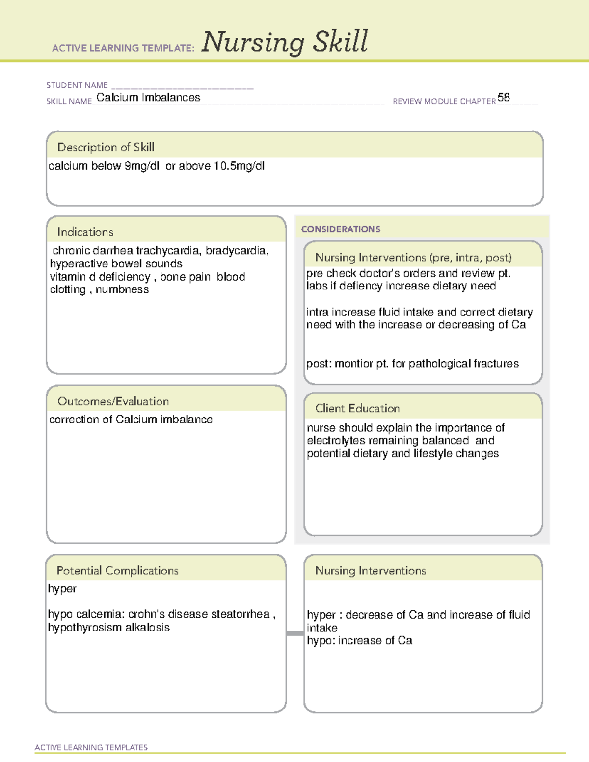 Ca imbal - n/a - ACTIVE LEARNING TEMPLATES Nursing Skill STUDENT NAME ...