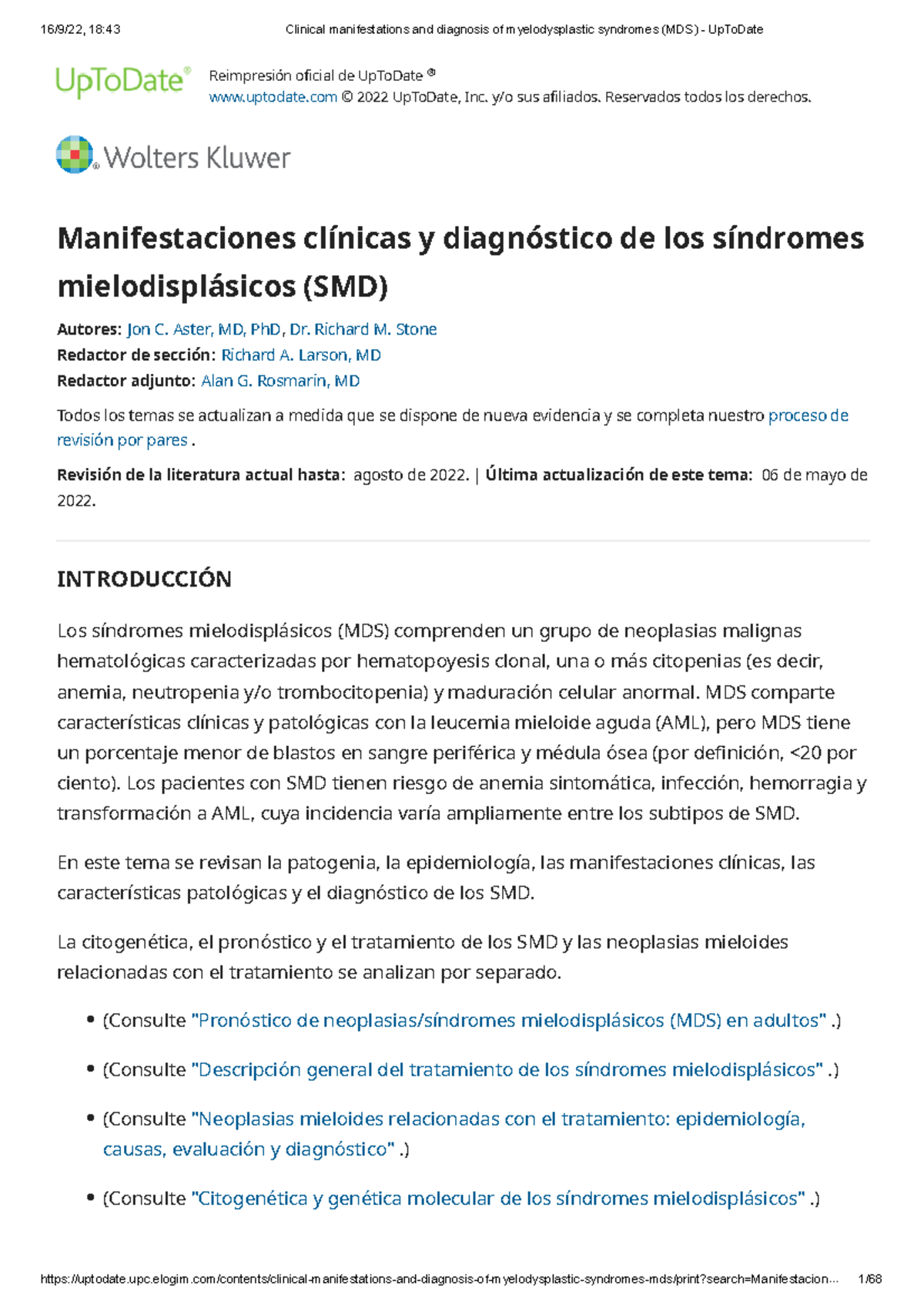Clinical manifestations and diagnosis of myelodysplastic syndromes (MDS ...