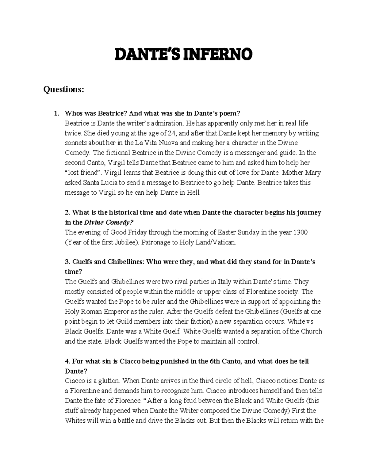 Dante's Inferno Individual Notes Pages PDF