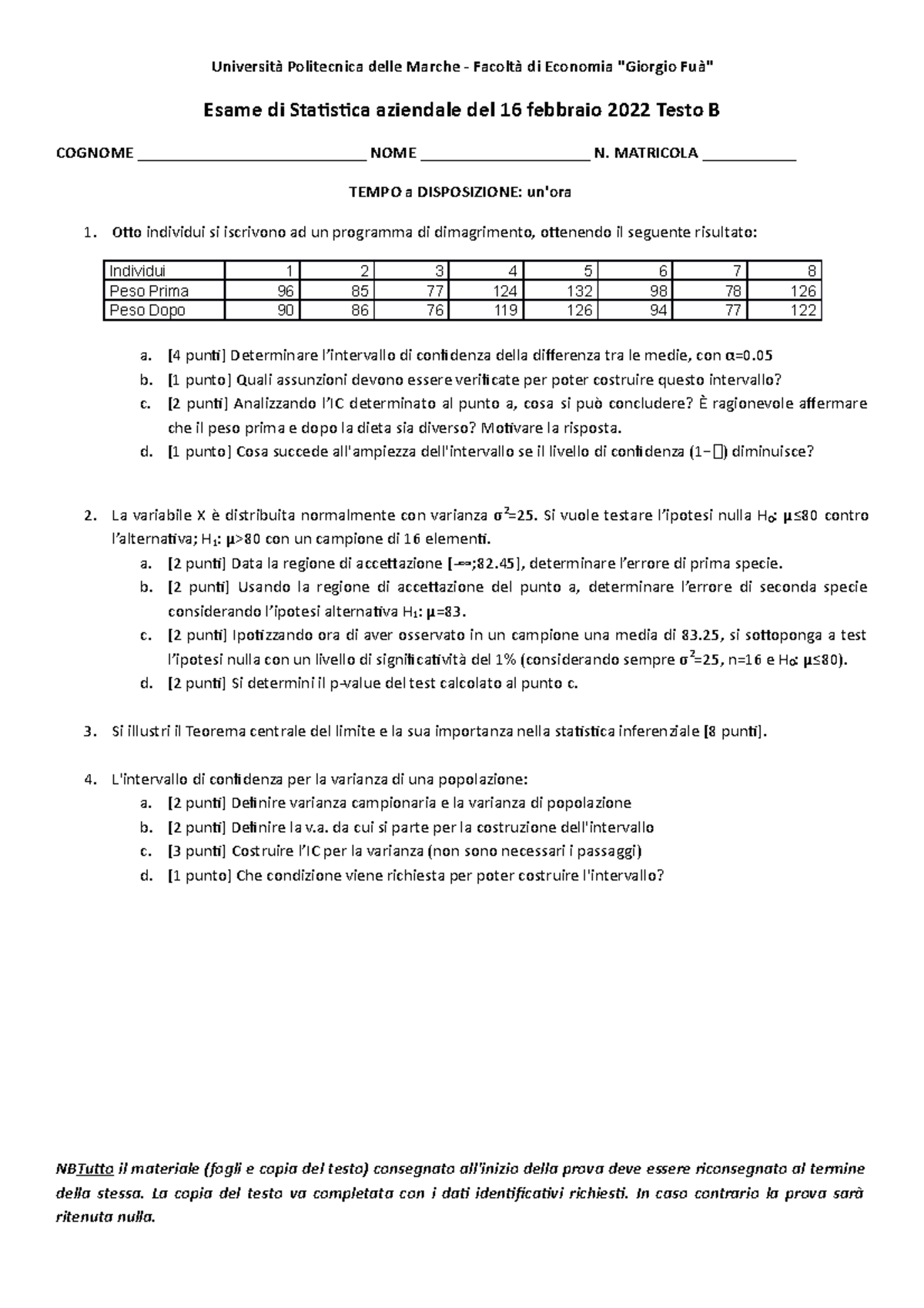 Compito 20220216 B - Esercizi Esame Statistica Aziendale + Risultati ...