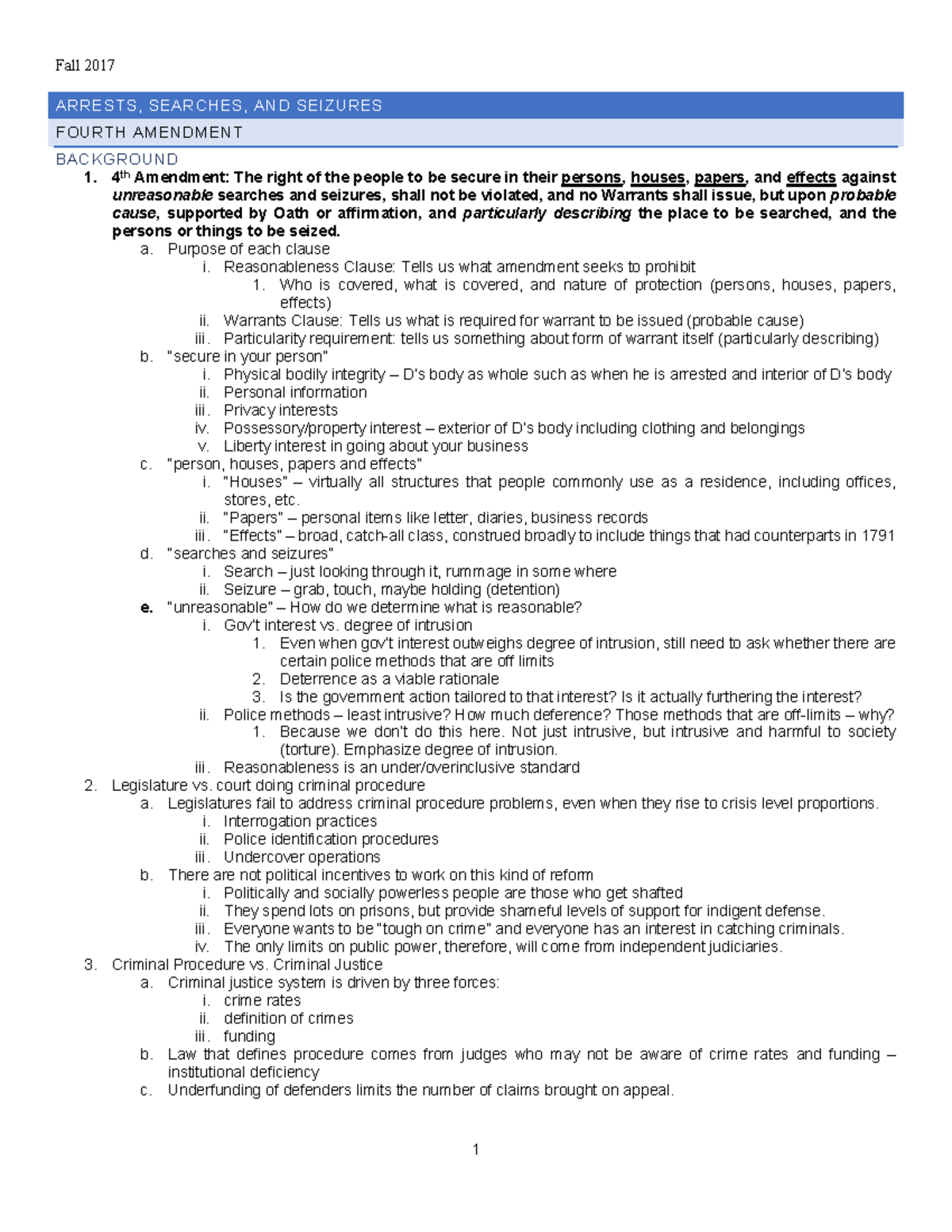 643Crim Pro 2017 outline 6 - Fall 2017 ARRESTS, SEARCHES, AND SEIZURES ...