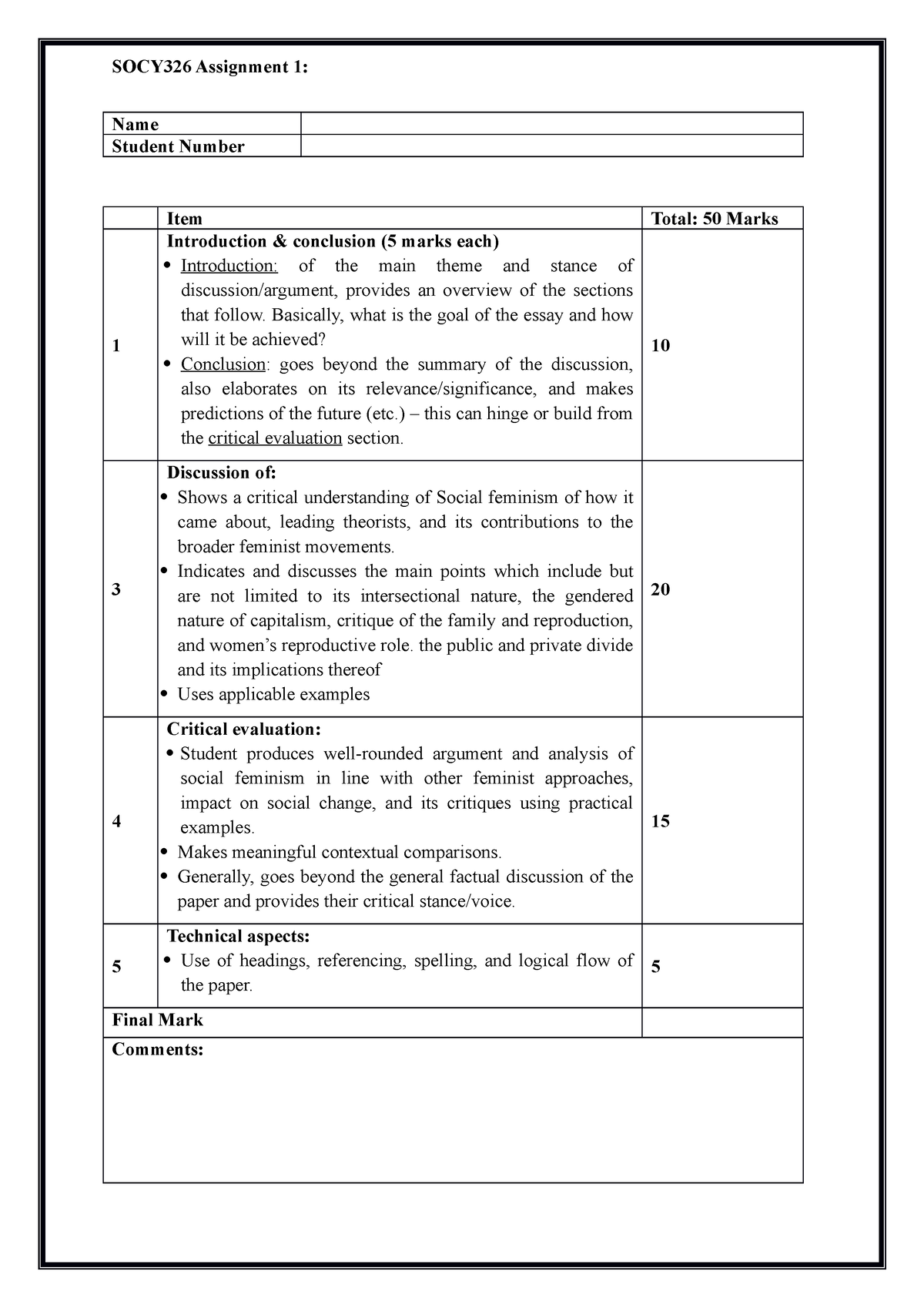 SOCY326 Rubric 1 - Psychology - SOCY326 Assignment 1: Name Student ...