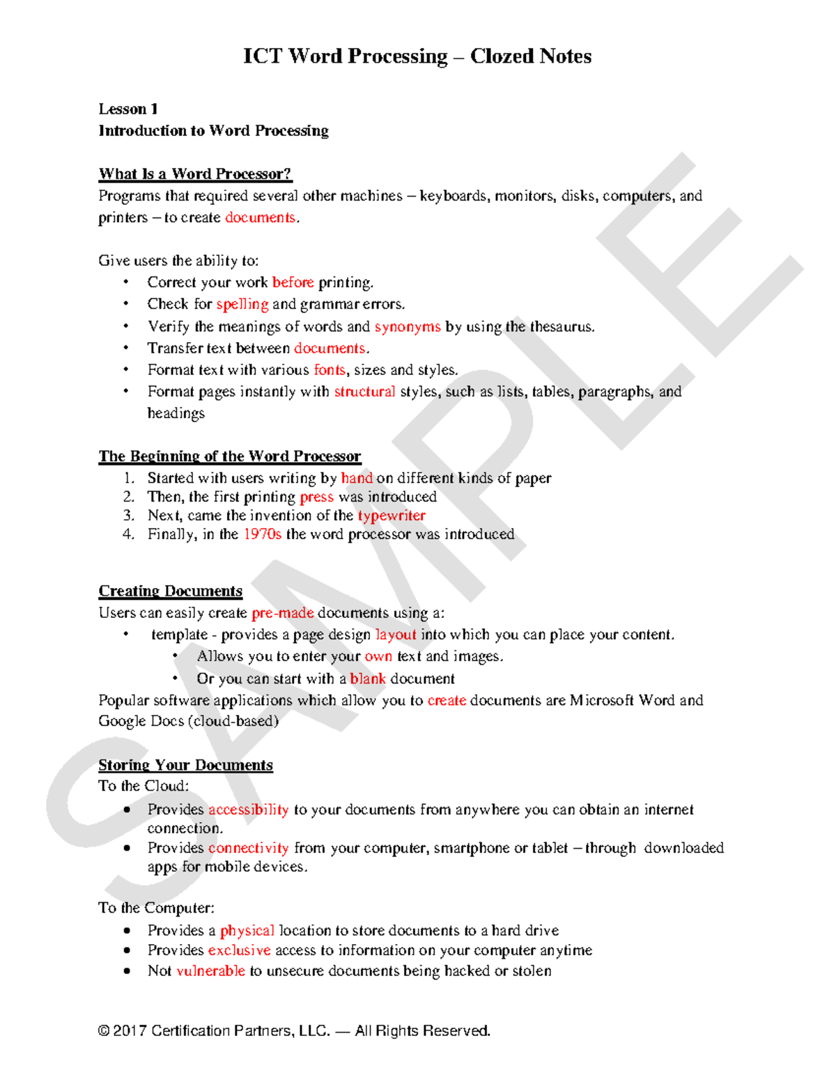 Cloze sample Wordprocessing - ICT Word Processing – Clozed Notes Lesson ...