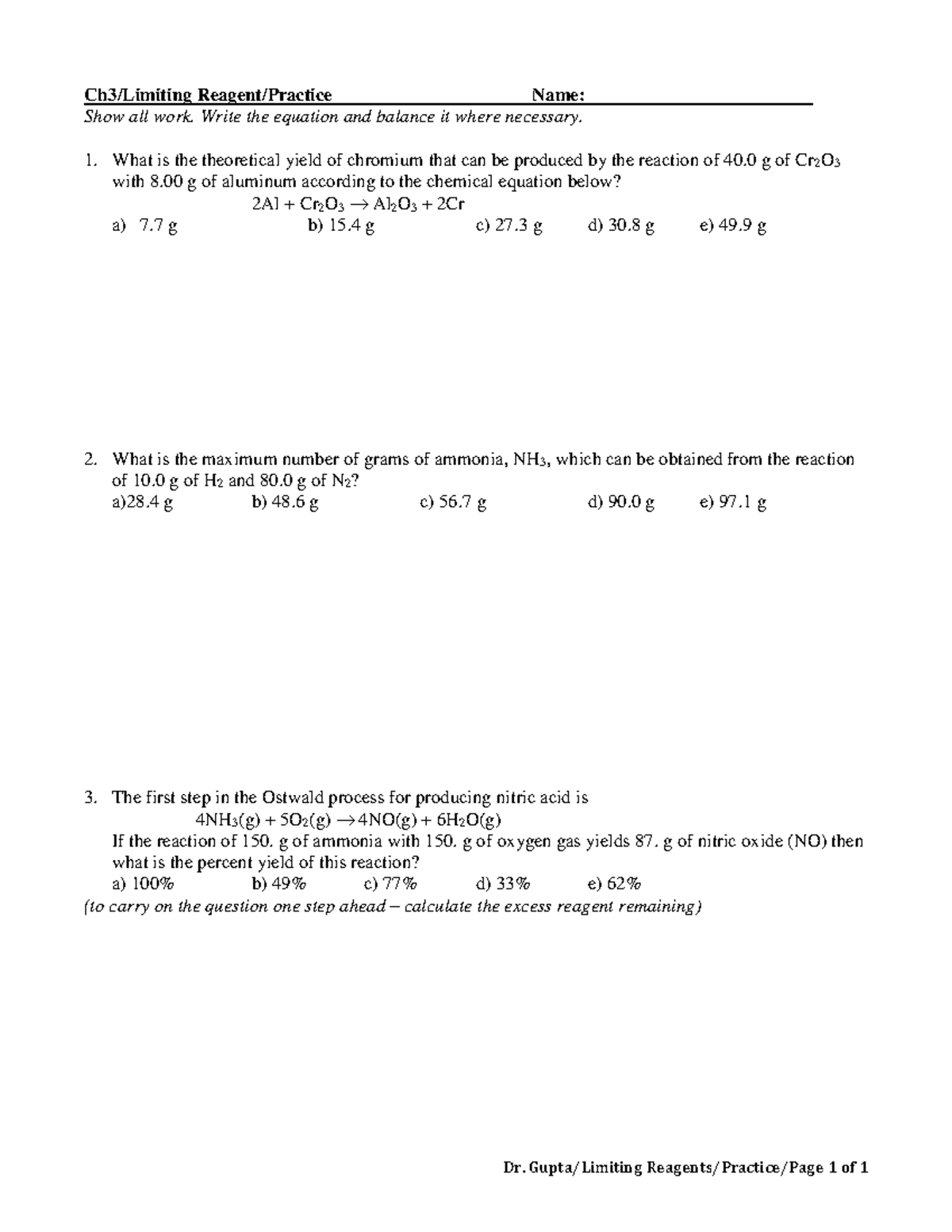 Worksheet 03-6Limiting Reagent - Dr. Gupta/Limiting Reagents/Practice ...