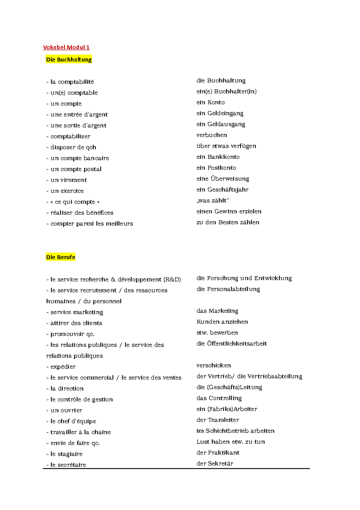 Vokabel Franzosisch Modul 1 Studocu