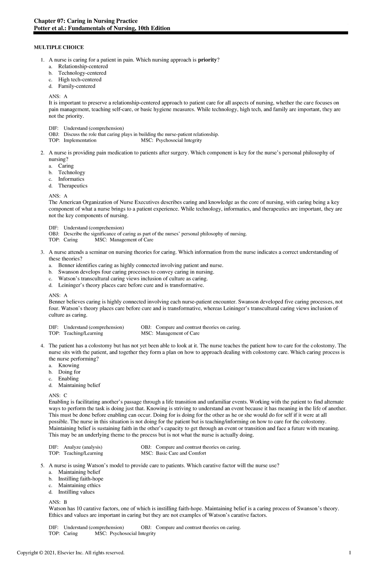 fundamentals study guide, potter and perry 10th - Chapter 07: Caring in ...