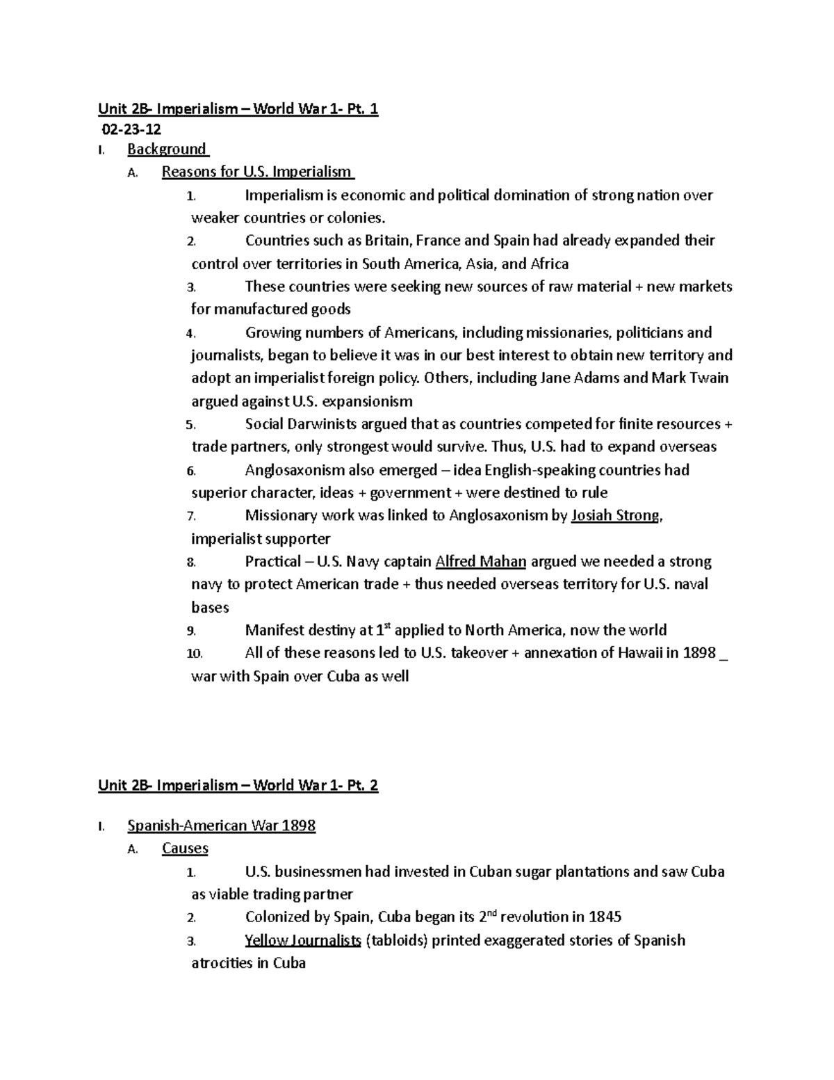 Unit 2- Notes - Unit 2B- Imperialism – World War 1- Pt. 1 02-23- I ...