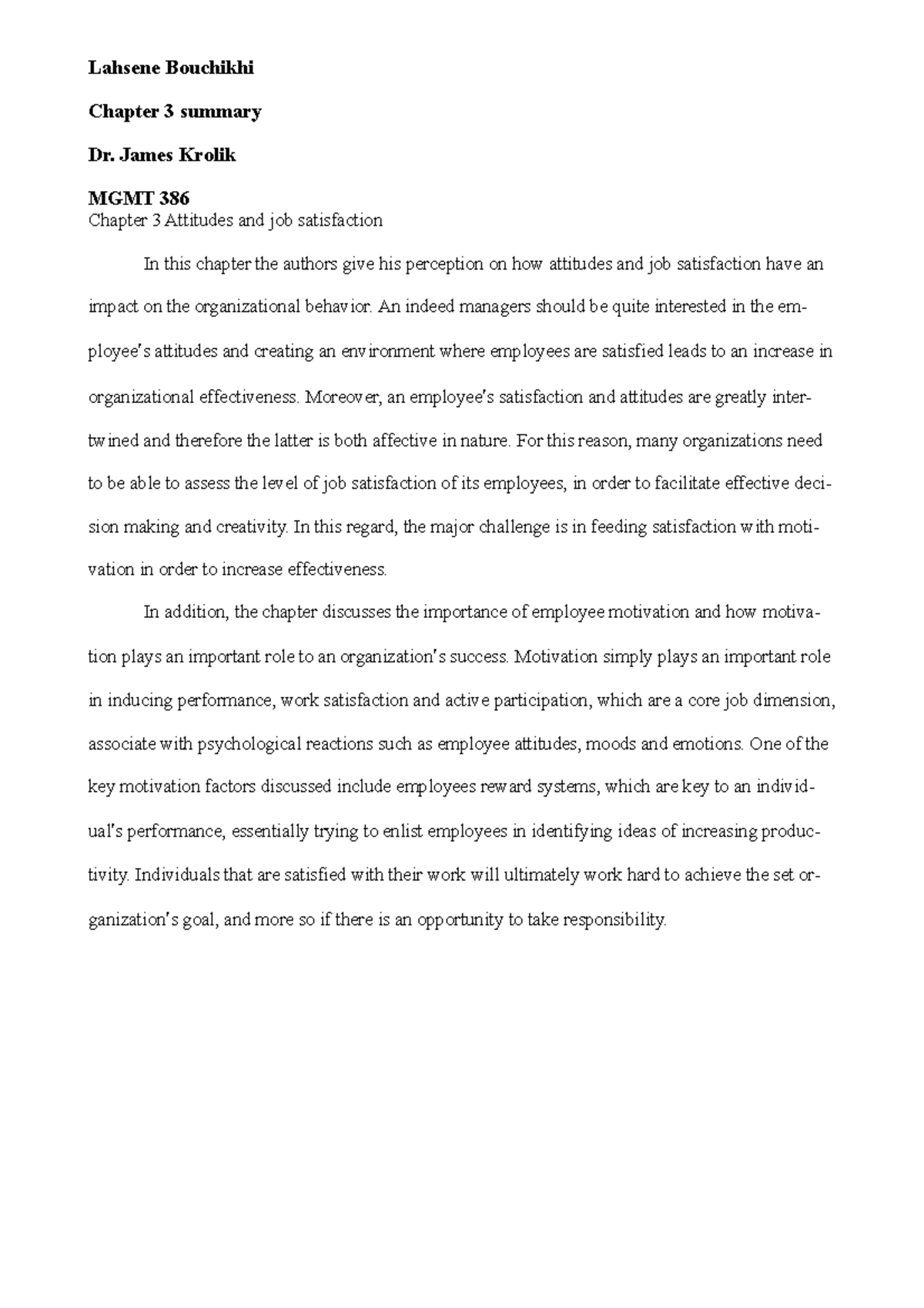 Chapter 3 summary Attitudes and job satisfaction - Lahsene Bouchikhi ...