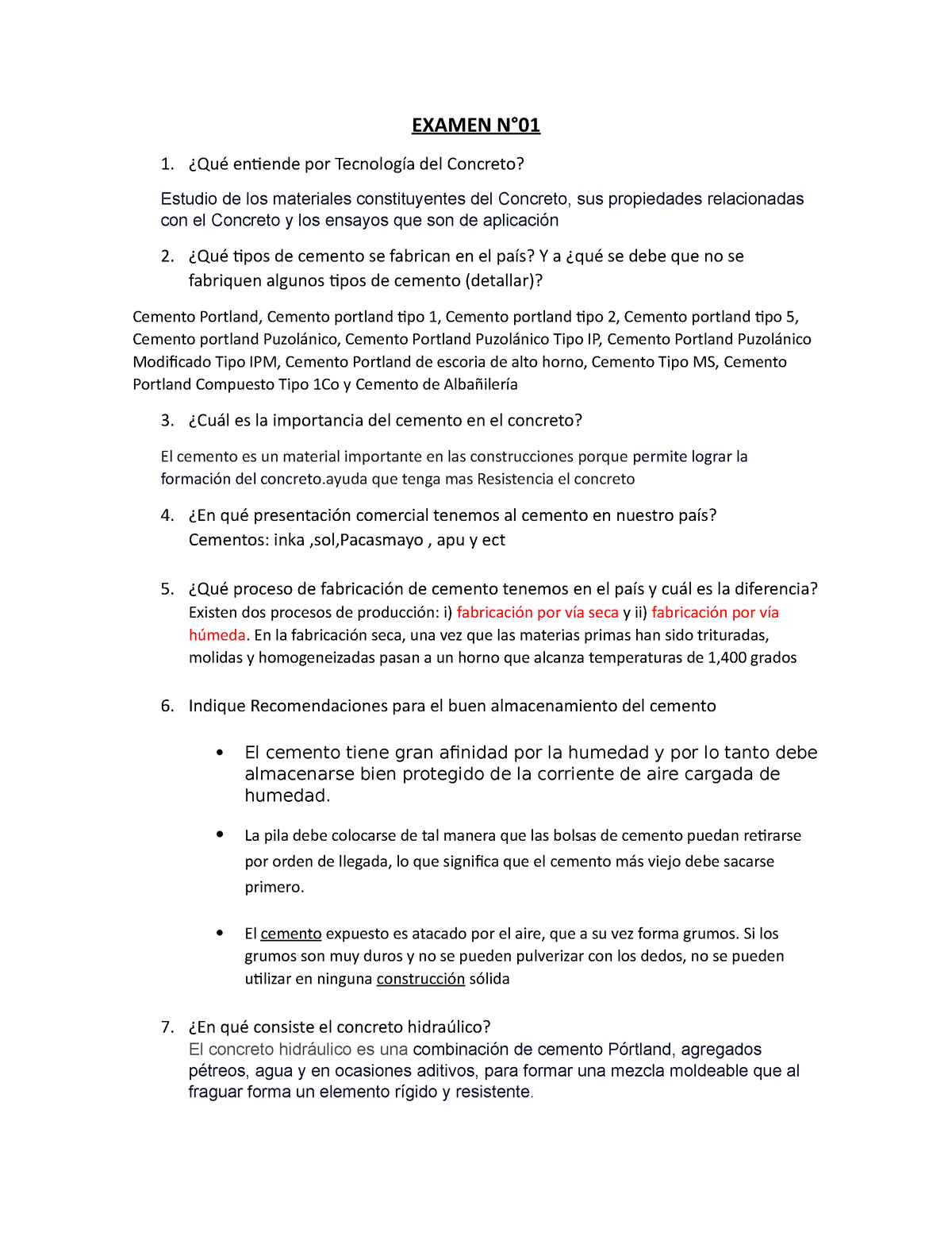 Examen 01 Parte 1 - EXAMEN N° ¿Qué Entiende Por Tecnología Del Concreto ...