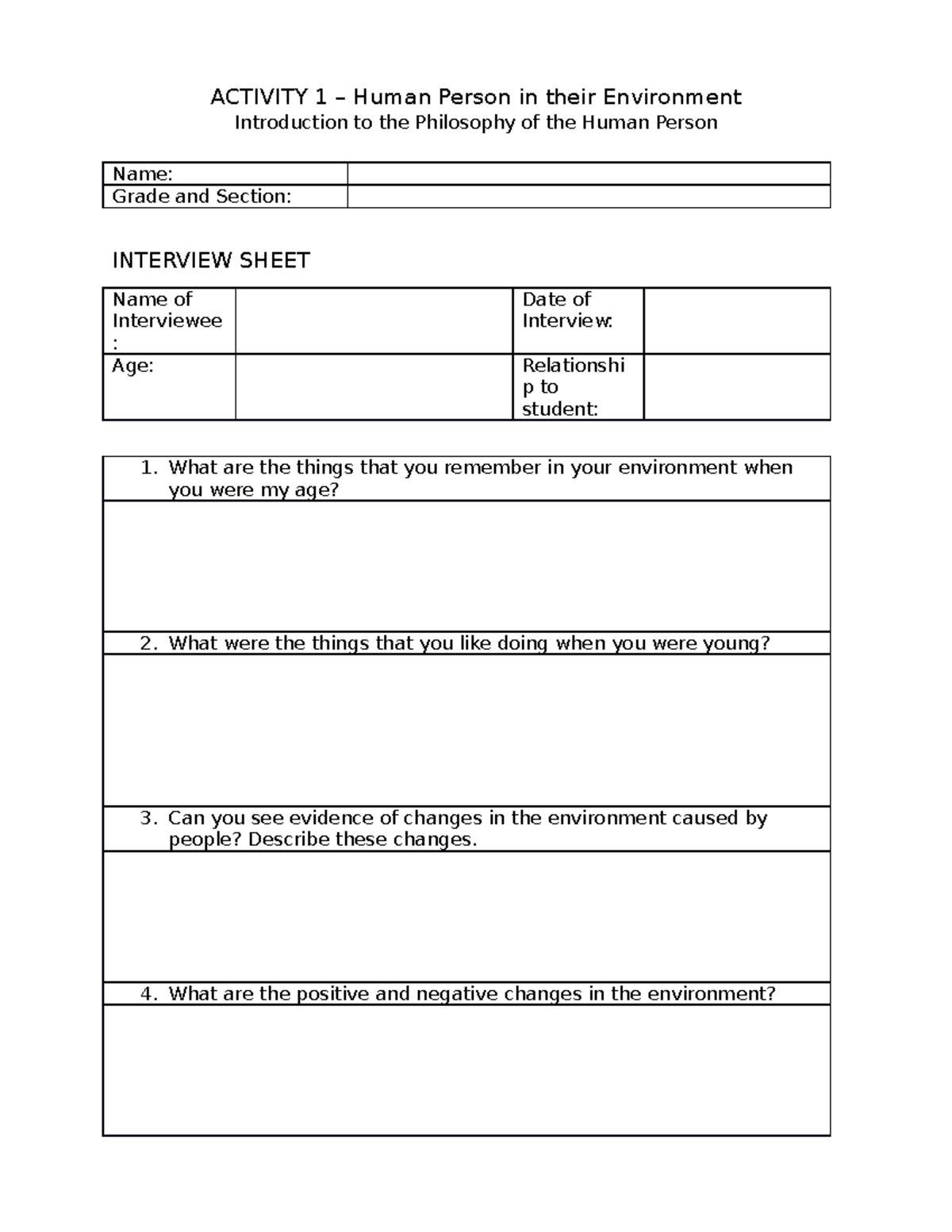 Activity 1- Interview - Activity 1 – Human Person In Their Environment 