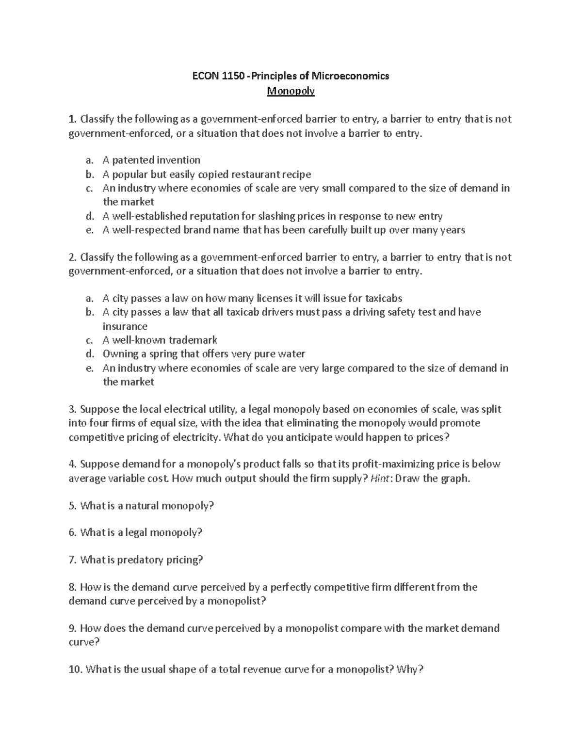 ECON 1150 monopoly MCQ and short questions - ECON 1150 -Principles of ...