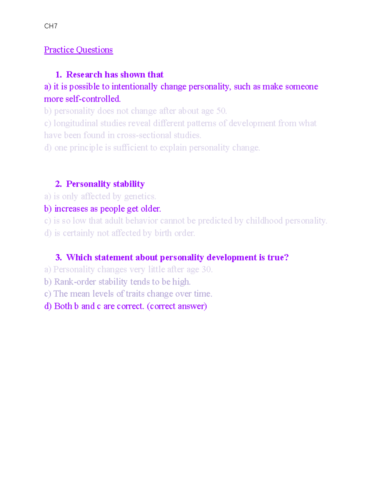 Personality Stability Practice - CH Practice Questions Research has ...