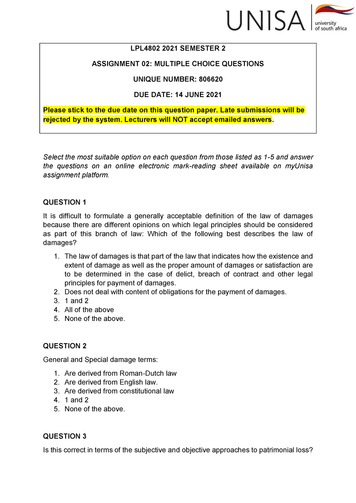 law of damages assignment 2 2021