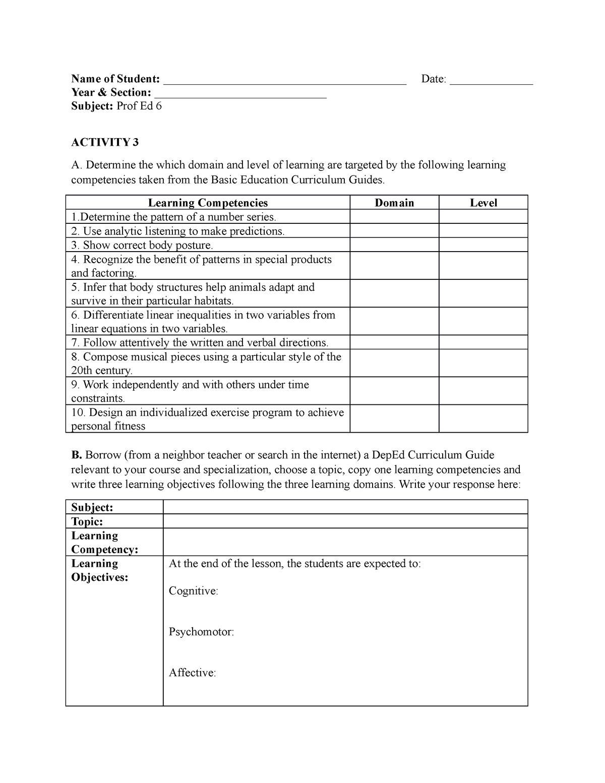 Prof - Activity - Name of Student ...