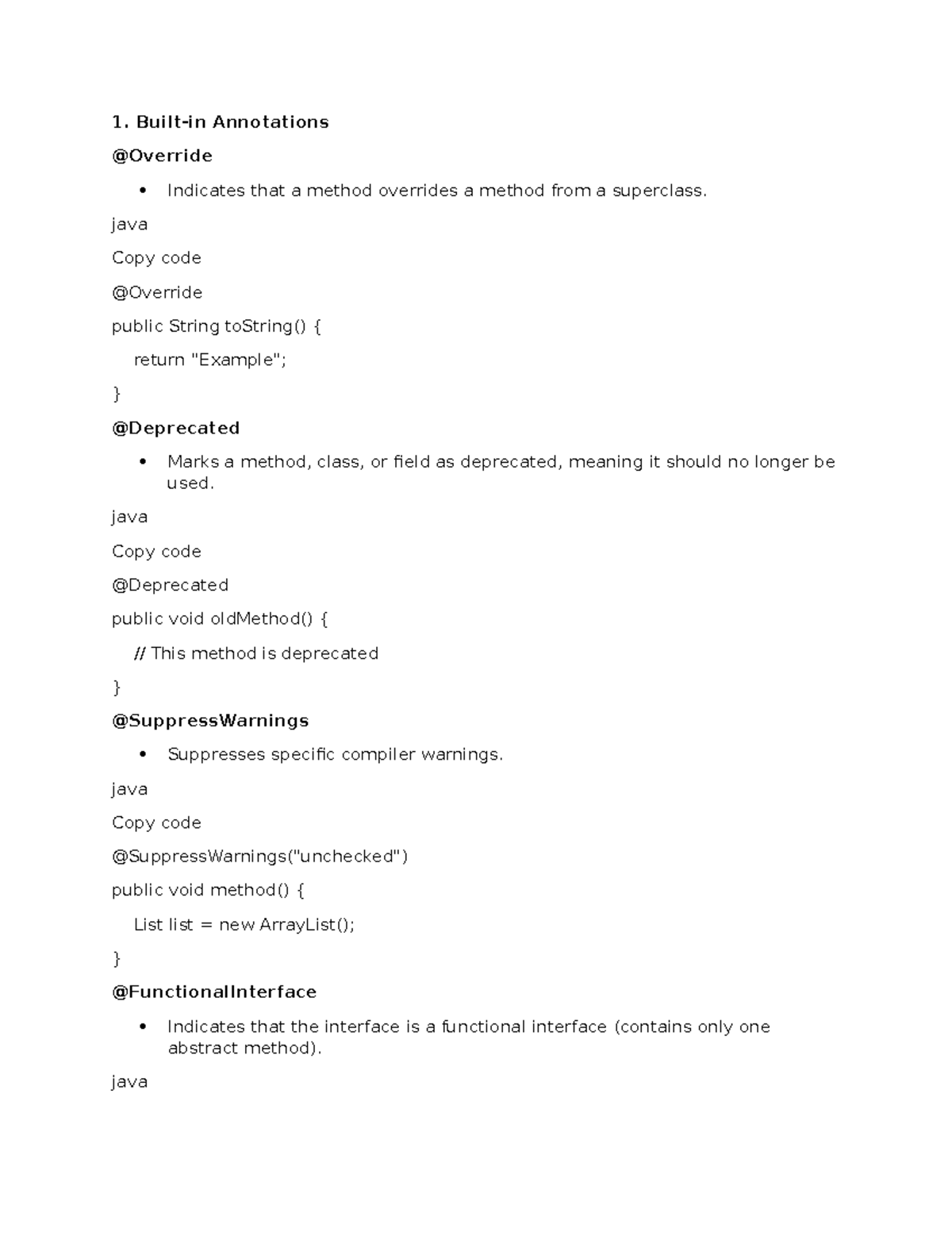 Java annotations sheet - 1. Built-in Annotations @Override Indicates ...